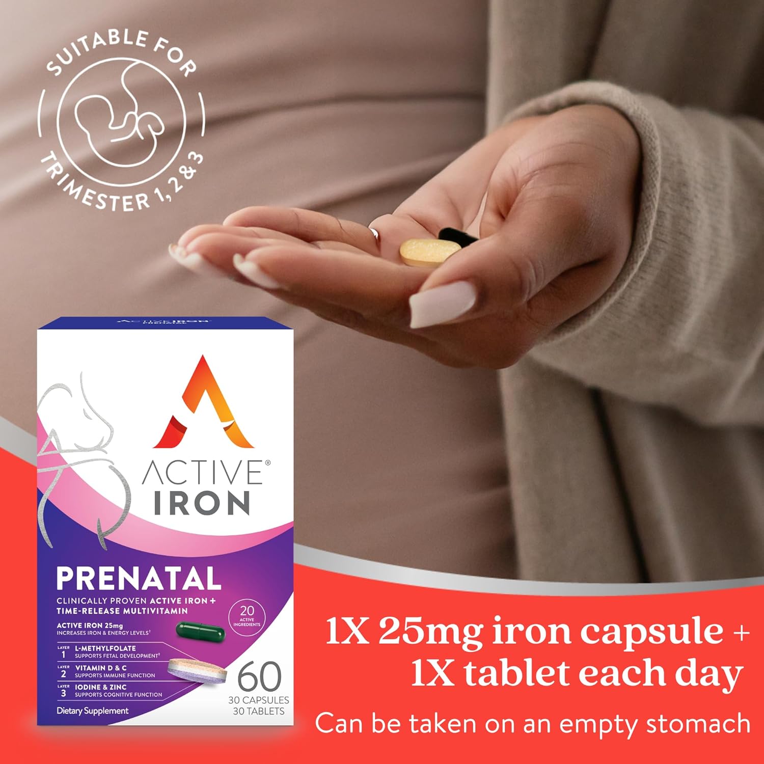 Active Iron Prenatal, Iron Supplement + Prenatal Vitamins for Women, 30 Non-Constipating Capsules + 30 Time-Release Multivitamins, Pregnancy, Breastfeeding & Postpartum Essentials - Image 5