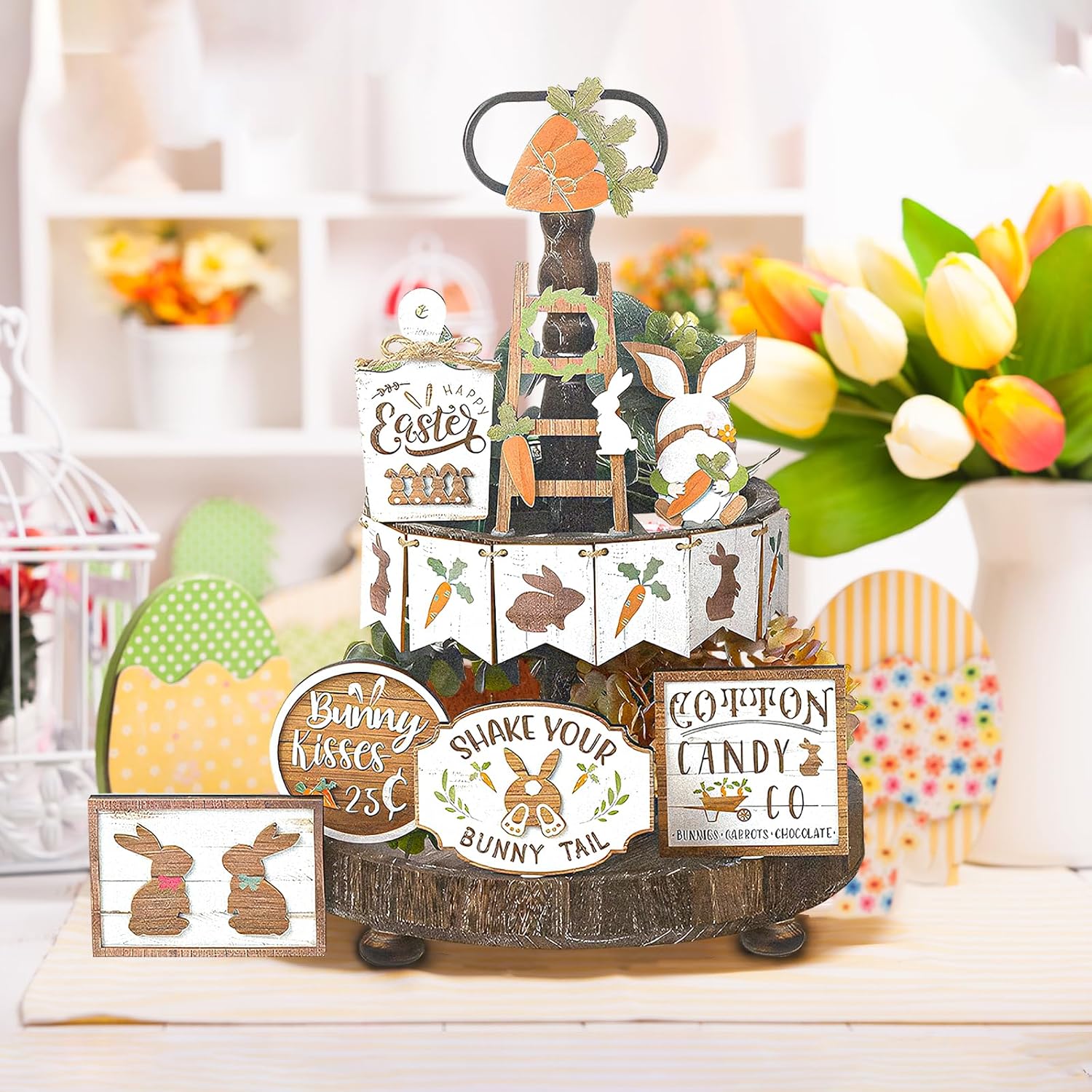 Easter Tiered Tray Decorations Set,10Pcs Farmhouse Easter Table Wooden Sign Tiered Tray Decor Spring Rustic Bunny Rabbits Carrot Wood Easter Decorations indoor Home Kitchen Dining Room Tabletop
