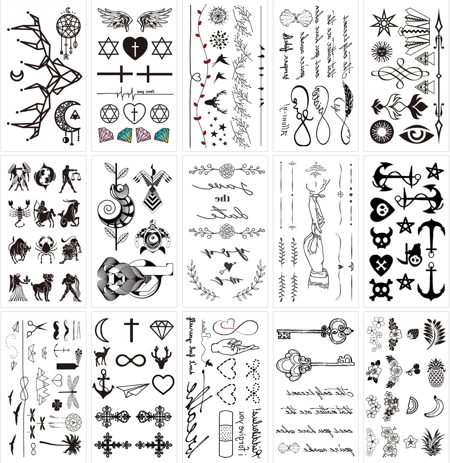Glaryyears Fake Tiny Temporary Tattoo, 20 Pack Black Sketch Ink Line Small Tattoos Stickers, Various Styles for Fun Party Supplies Vacation on Body Face Hand Wrist