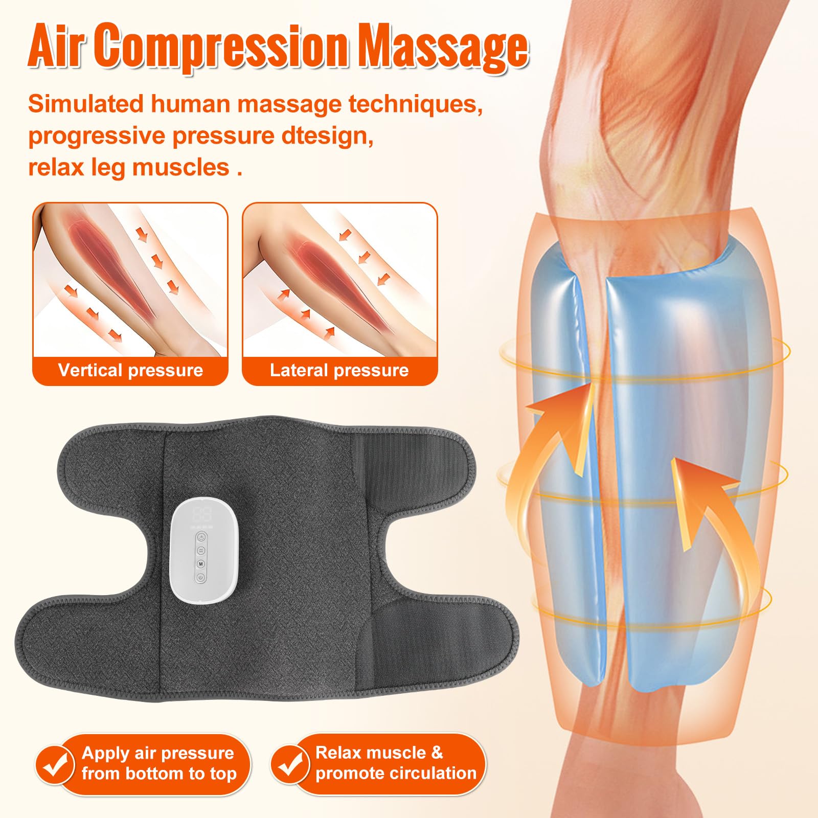 Beinmassagegerät, Elektrisches Wadenmassagegerät mit 4 Modi, 8 Intensitätsstufen, 4 Heizstufen und 2000-mAh-Akku, zur Förderung der Durchblutung, Schmerzlinderung (1pc)