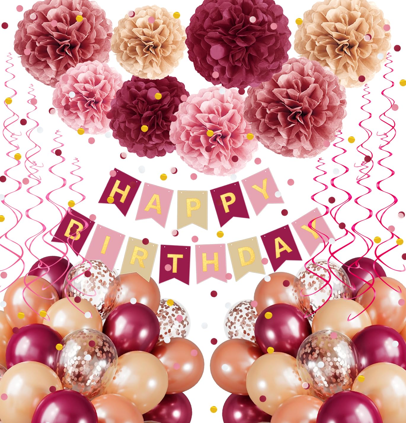 Pink Burgundy Birthday Decorations Kit with Balloons, Tissue Paper Pom Poms, Happy Birthday Banner, Paper Confetti & Hanging Swirl Birthday Party Decoration