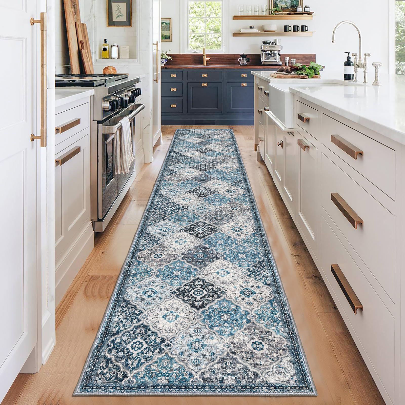 KILOCOCO 2x12 Moroccan Runner Rug, Blue/Multi Super Soft Washable Hallway Entryway Runner Rug, Accent Print Faux Wool Kitchen Runner Non-Slip Boho