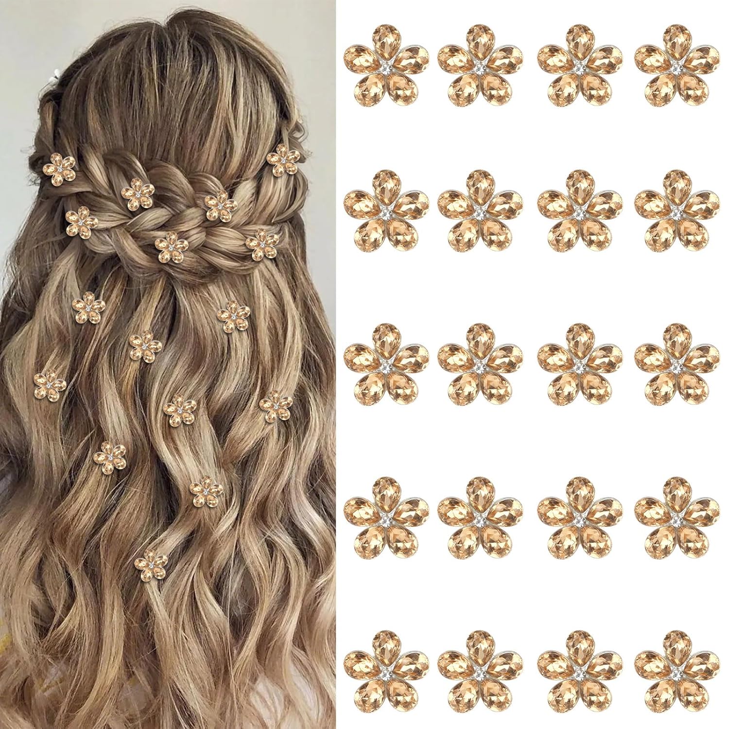 YISSION 20 Pcs Mini Rhinestone Hair Clips Cute Flower Hair Clips Decorative Hair Pins Wedding Bridal Flower Hair Accessories for Girls Women (Champagne)