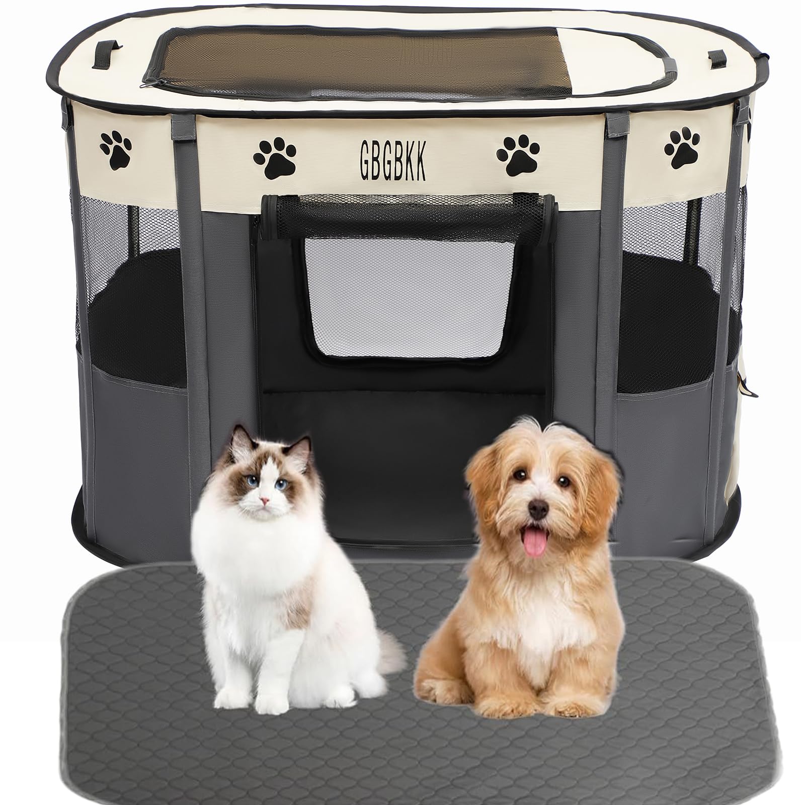 Dog Playpen, Puppy Playpen with Carrying case & Free Waterproof Pee Pad, Portable Dog Pen Indoor/Outdoor Travel,Camping 360° Mesh & Removable Zipper (White, M) (White, L)