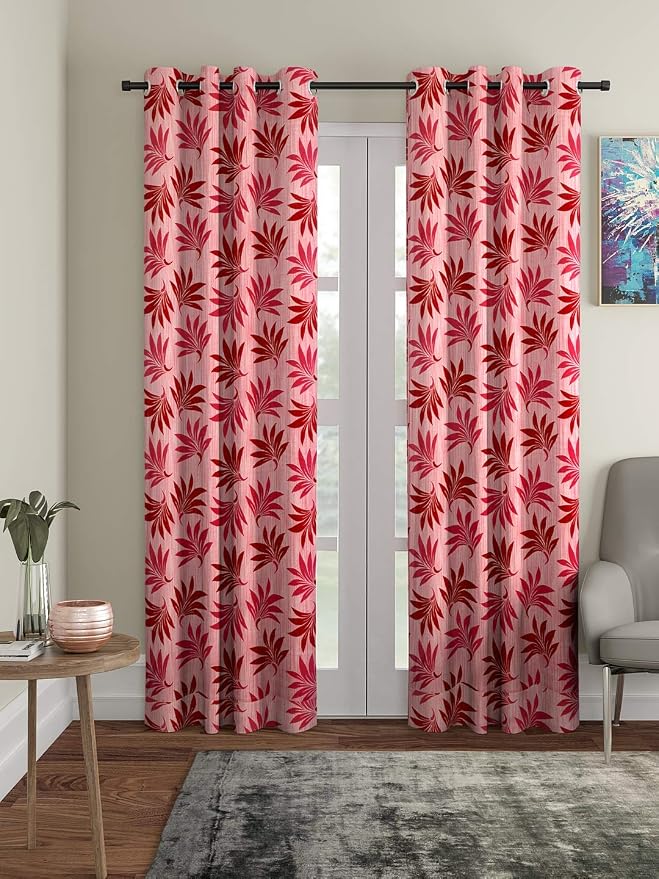 Cortina semi Sheer 2 Piece Floral Design Panel Eyelet Polyester Door Curtains - 7 Feet, Pink