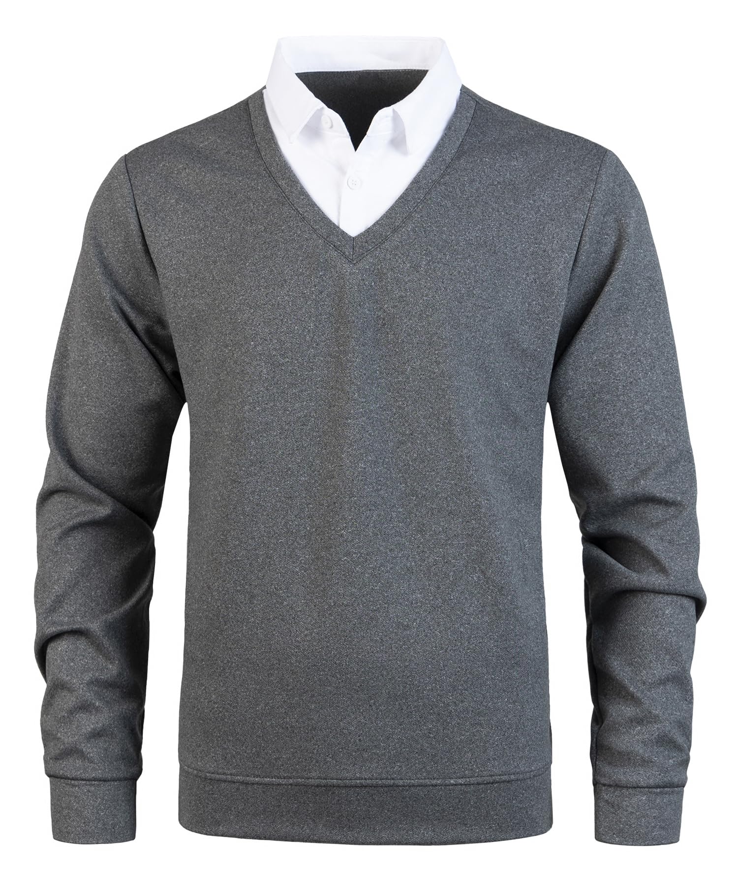 Uomo Maglione e Camicia 2 in 1 Scollo a V Maglia a Maniche Lunghe Pullover Lavorato a Maglia con Il Colletto di Camicia Maglioncino da Uomo