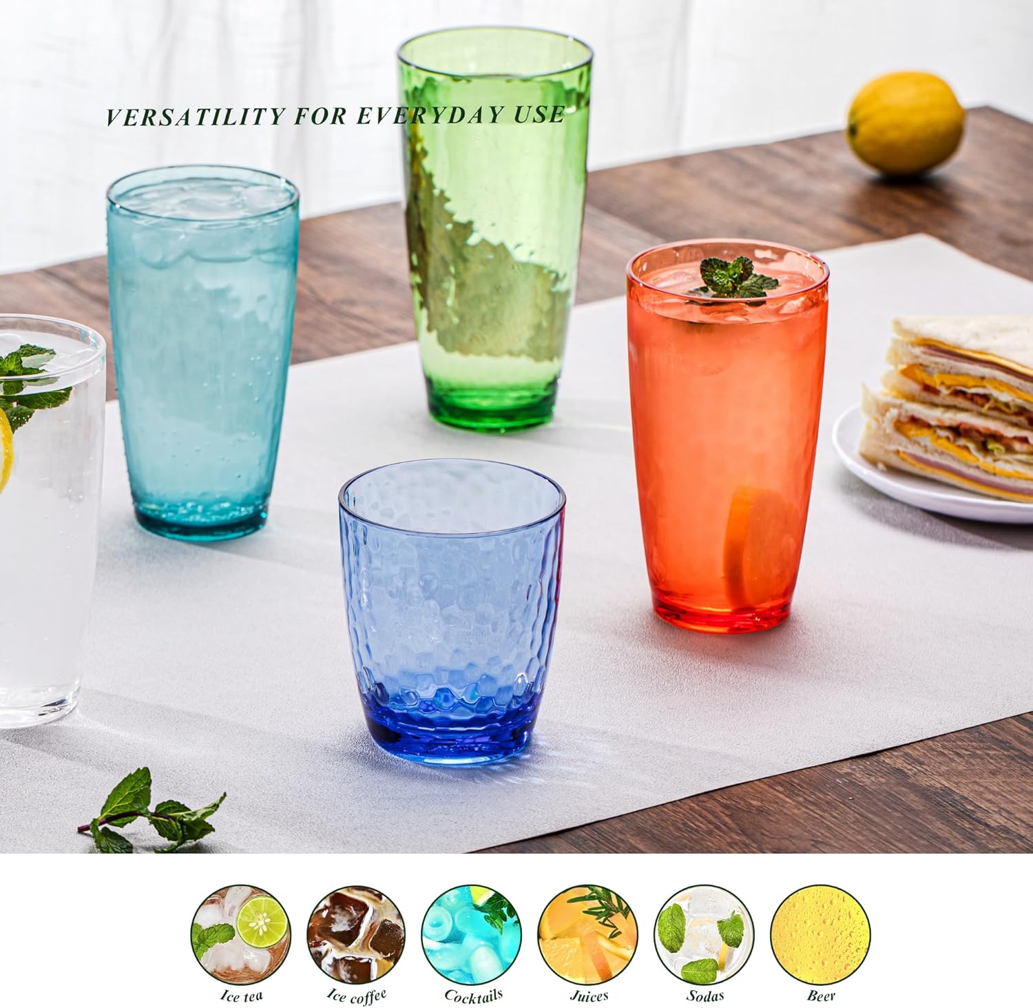 26oz Green Acrylic Glasses Drinkware (Set of 6), Hammered Design Shatter-Proof Plastic Cups, Reusable Plastic Large Drinking Tumblers, Stackable, BPA-Free, Dishwasher-Safe - Image 5