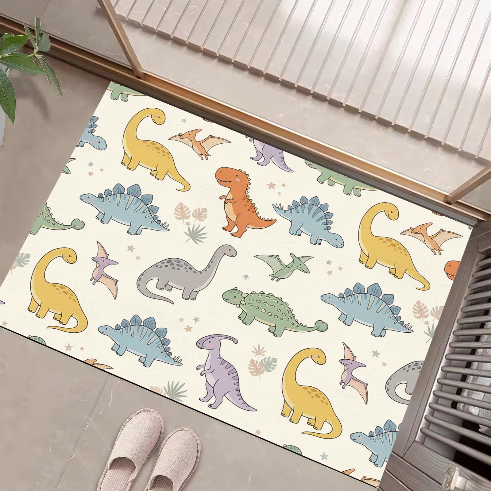 Alfombra Entrada Antideslizante, Brachiosaurus Tyrannosaurus Rex Felpudo Entrada Casa Animales Dibujos Animados Alfombrilla Perfil Bajo, Absorbente para Puerta, Pasillo, Oficina, 80x120cm