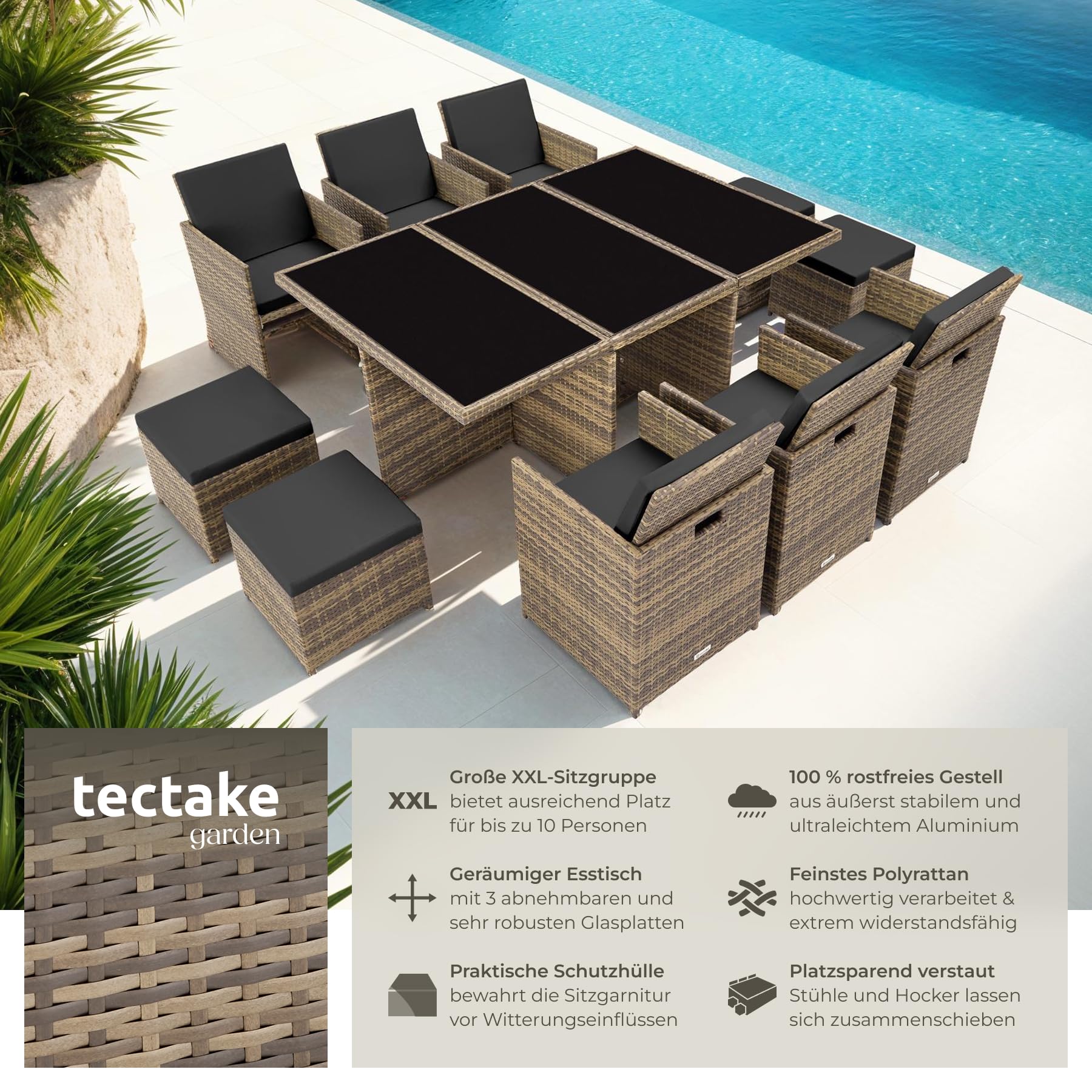 tectake® Polyrattan Gartenmöbel Set, Sitzgruppe mit 6 Stühle + 1 Glasplatte Tisch + 4 Hocker, Gartenlounge Set klappbar mit Aluminium Gestell, für 10 Personen, Balkon Möbel, inkl. 2 Bezugsset - Natur