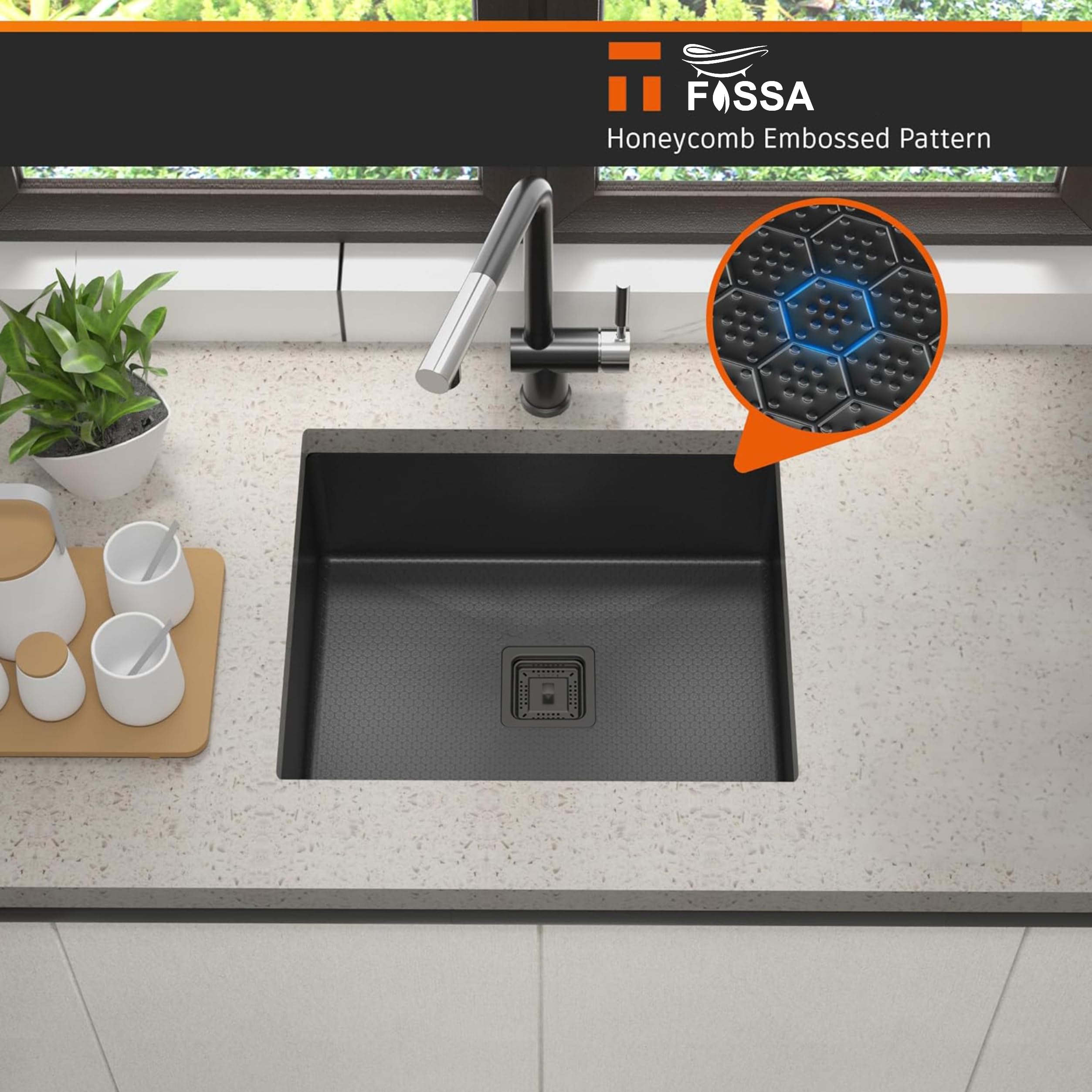 Fossa 24"x18"x10" Single Bowl Honeycomb Embossed Handmade Kitchen Sink with Black Nano Coating, Stainless Steel Sink (Black) 4