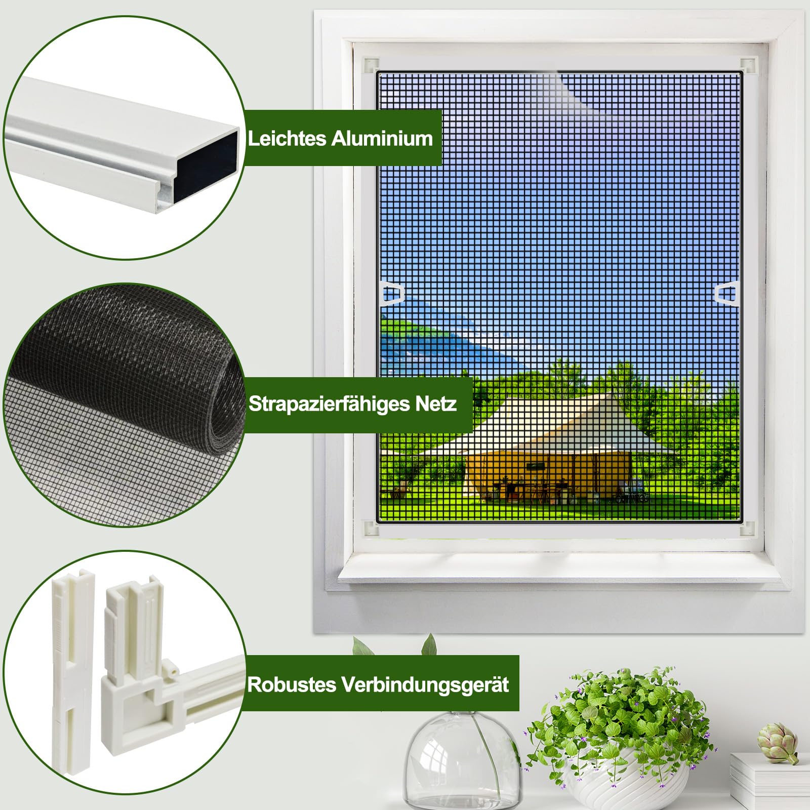Fliegengitter Fenster mit Rahmen, Insektenschutz Fliegengitter Fenster Fliegenschutz Alurahmen, 120 x 100 cm Fliegengitter zum Klemmen, Mückenschutz Fliegenschutzgitter Montage ohne Bohren