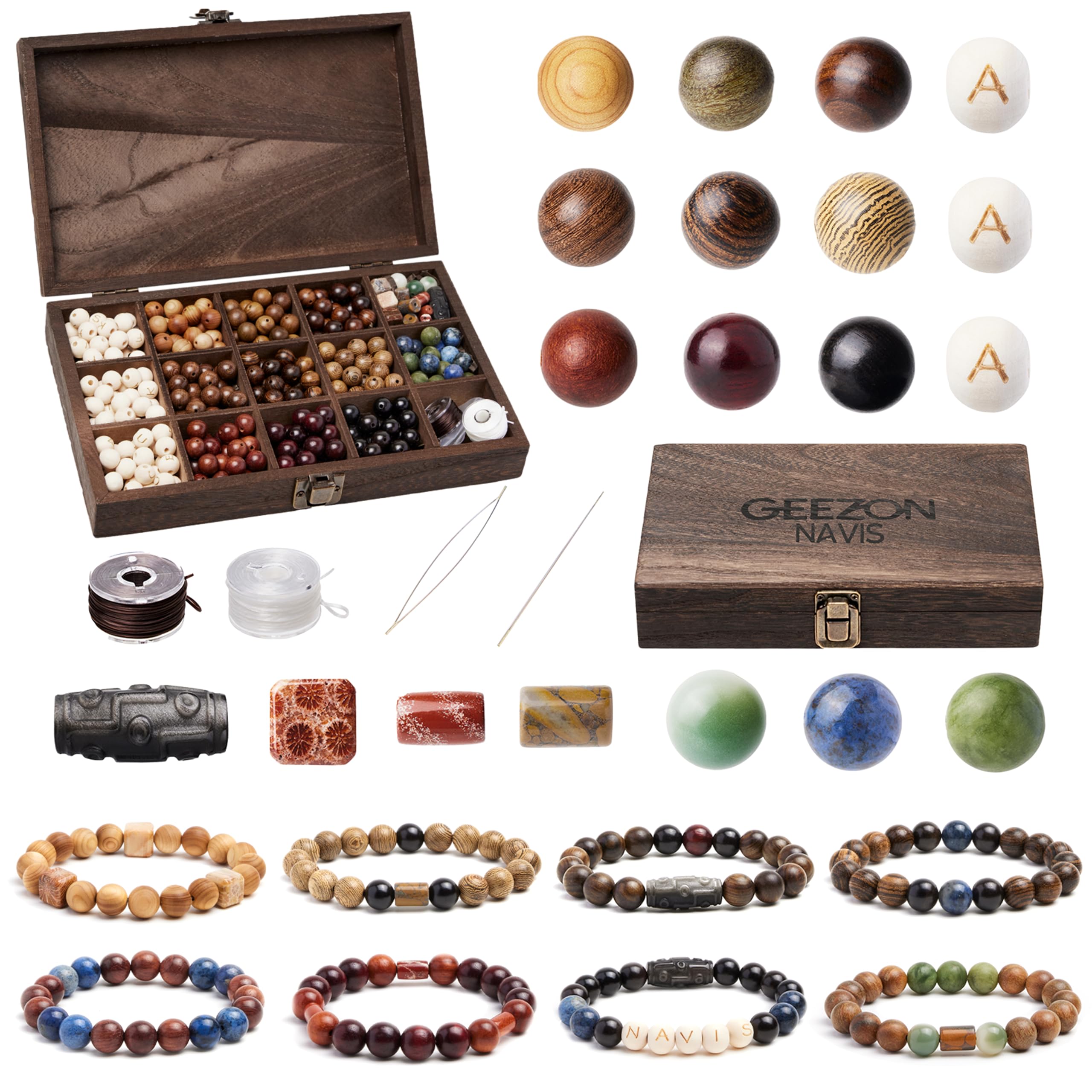 Geezon Navis Bracelet Making Kit - 10mm Natural Wooden Beads with Letters & Stone Beads - 296pcs in 16 Colors - DIY Jewelry Making Starter Kit Adult Men Women Birthday Gift Craft