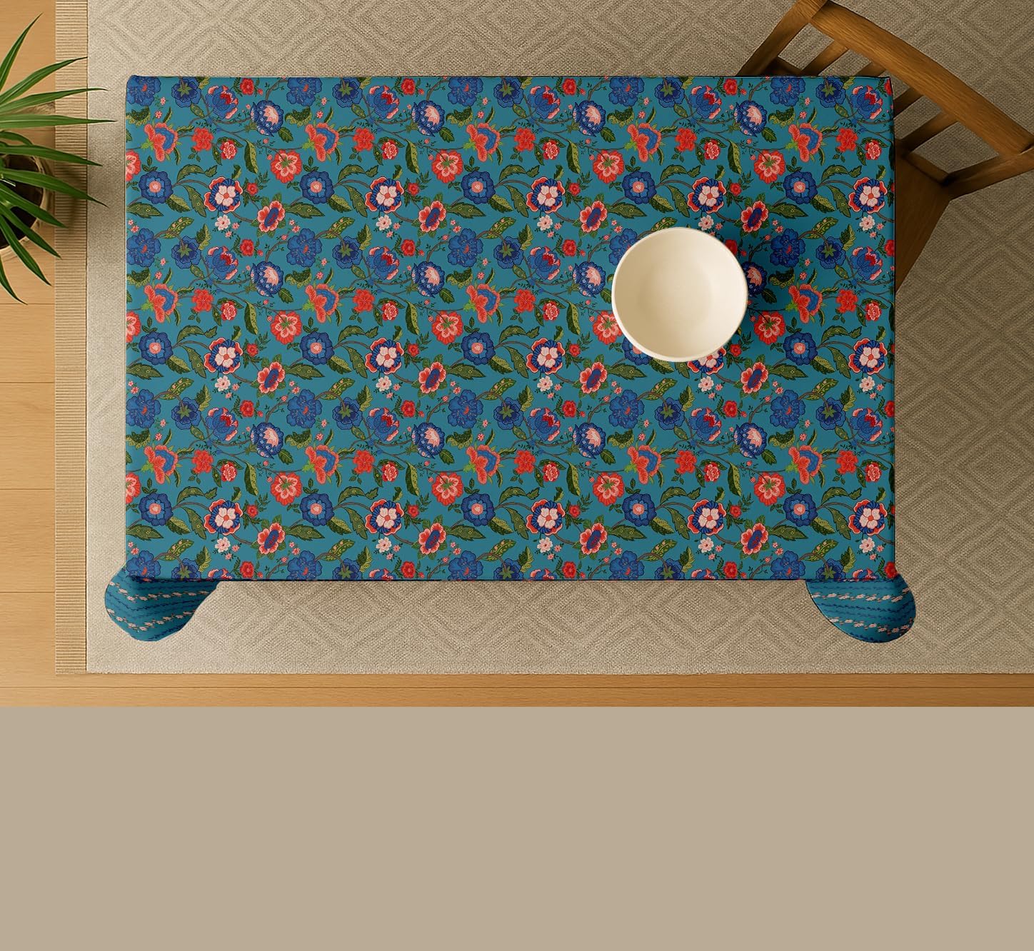 Leaves Design Tablecloth- Blue 60x60 Inch Cotton Twill Dining Table Cover, Perfect for 4 Seater Tables, Durable, Protective & Washable, Ideal for Everyday Use, Festive Occasions & Gatherings