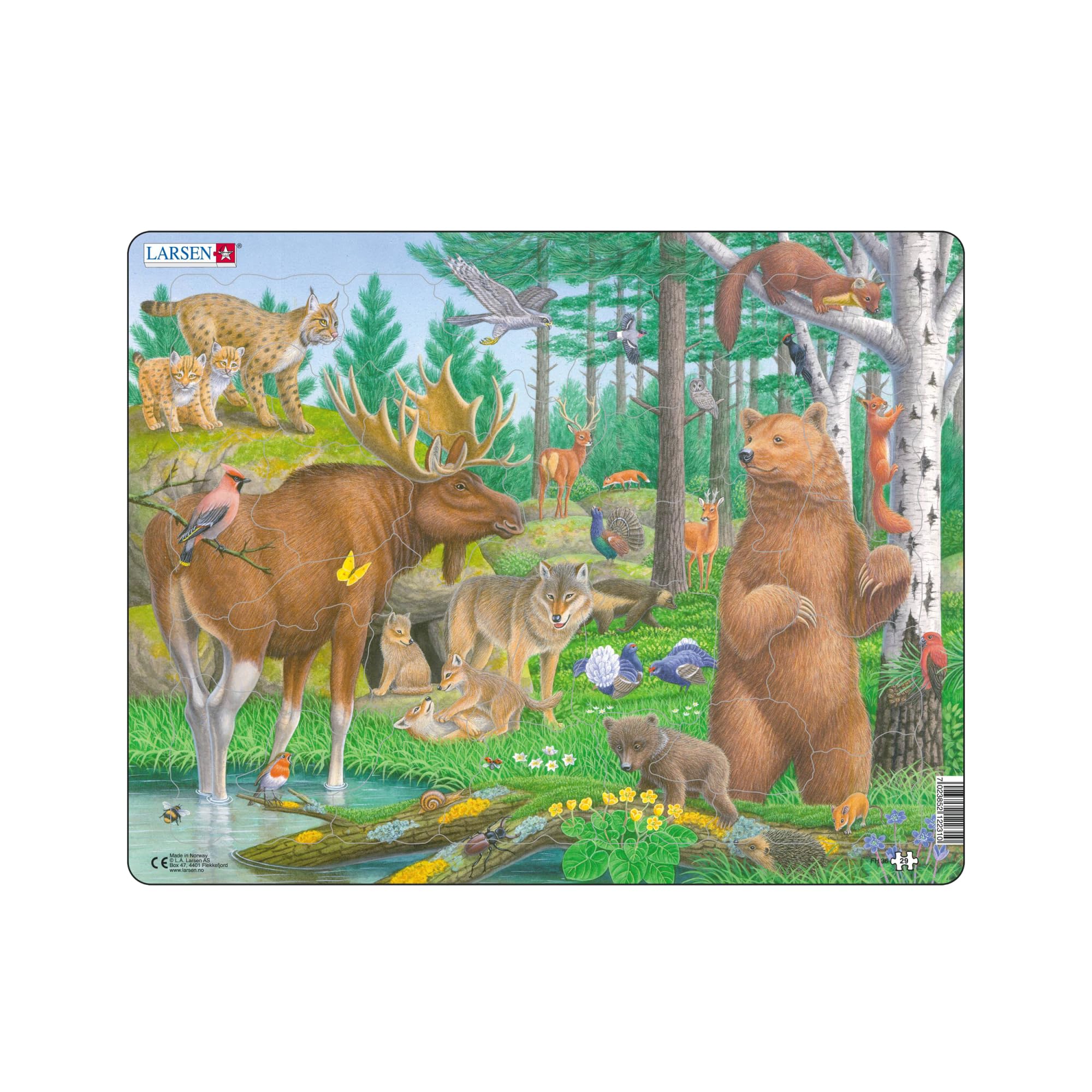 Larsen FH15 – Puzzle Cadre 45 Pièces – été En Forêt Nordique – Ours, écureuil, Lynx, Castors – Pièces Figuratives – 36,5 X 28,5 Cm