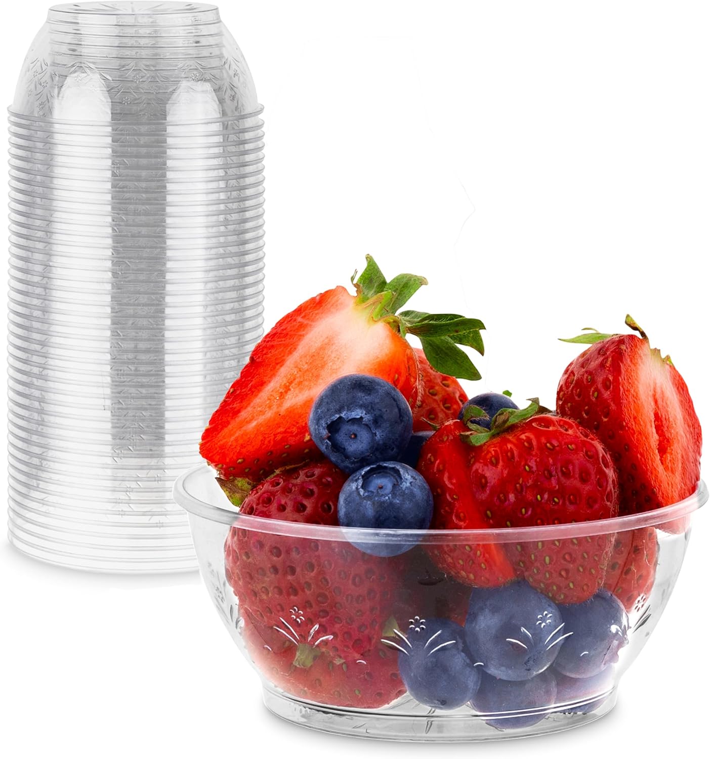 StockYourHome 50 Pack Elegant Floral Clear Plastic Dessert Bowls - 6oz Heavy Duty Disposable for Parties, Weddings & Catering