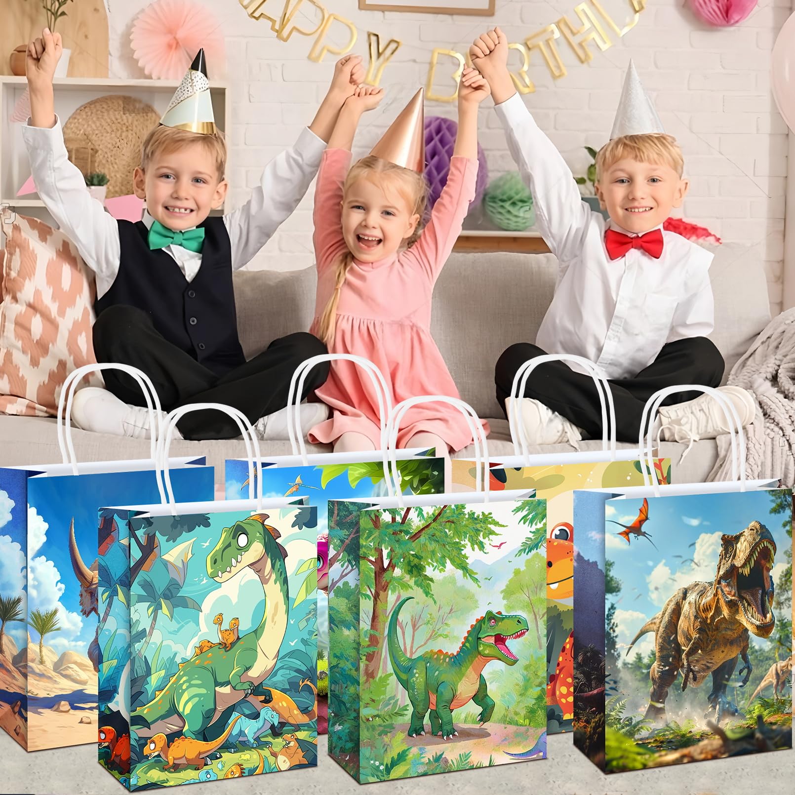 EXTRAPINS 24 sacchetti regalo con dinosauro, sacchetti regalo di compleanno, dinosauro, sacchetti regalo per bambini, Natale, Natale (15 x 8 x 21 cm, 6 diversi motivi)