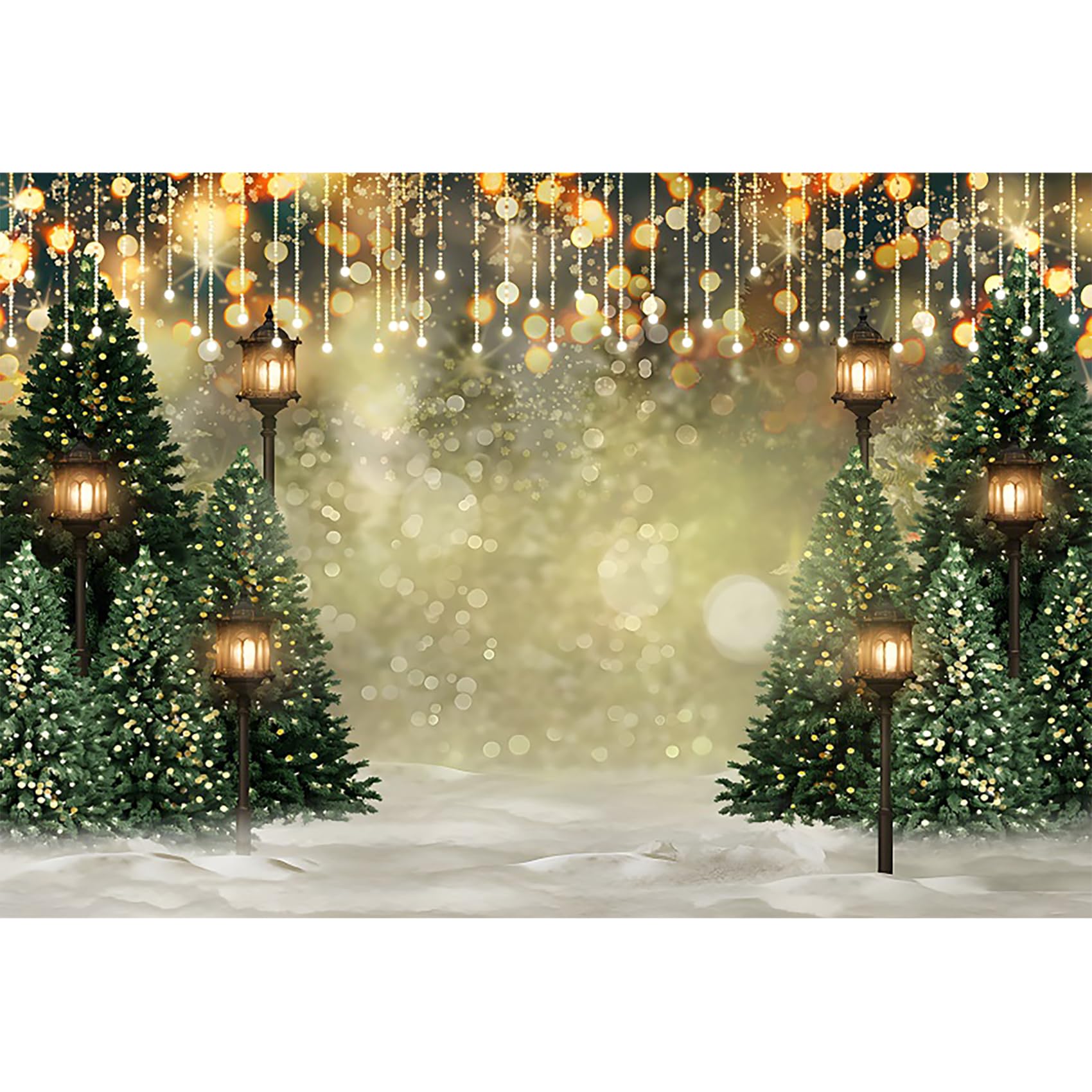 12x10ft Merry Christmas Backdrops for Photography Xmas Trees Streetlamp Bokeh Snowfield New Year Party Winter Backgrounds Photobooth Props Baby Shower