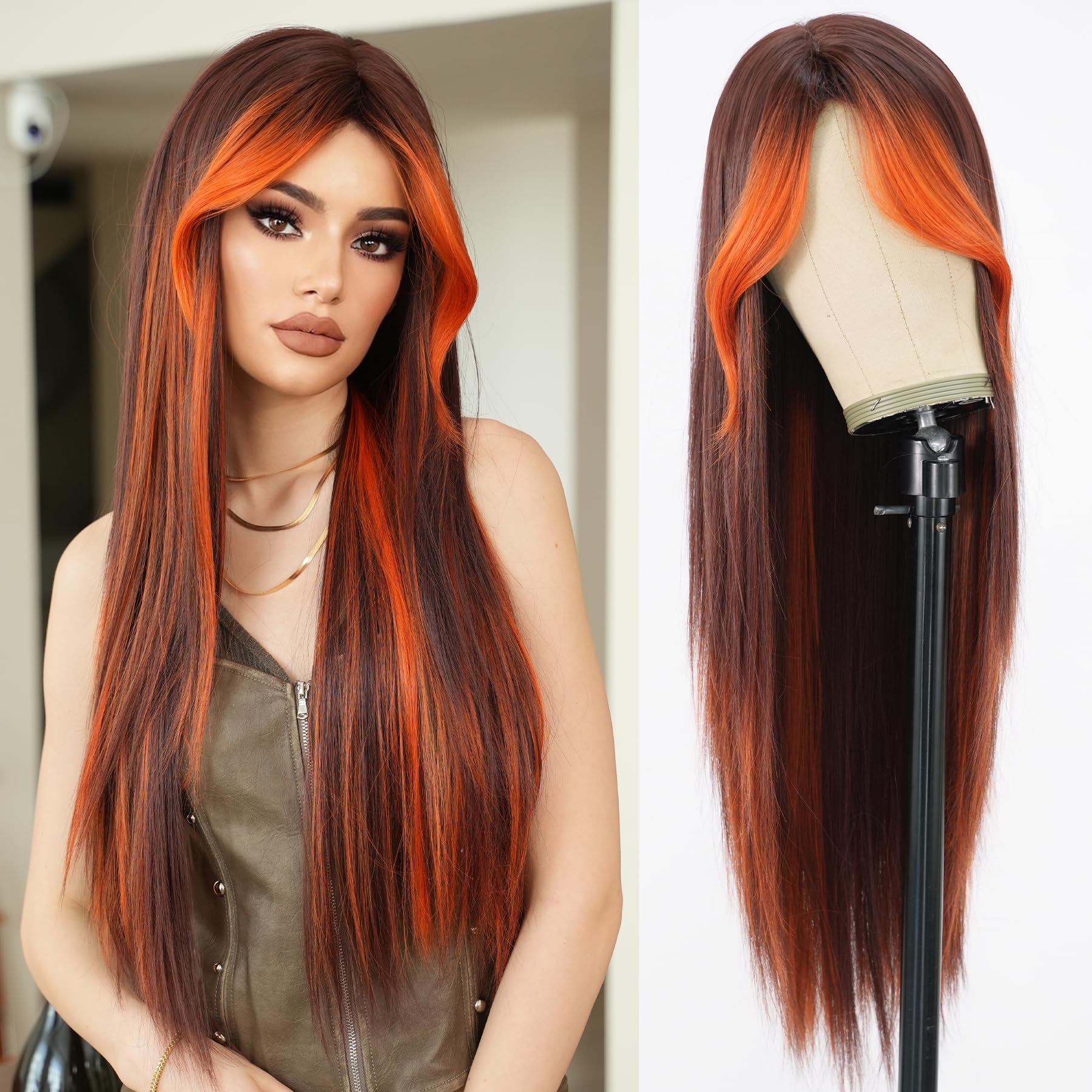 Long Auburn Women\'s Wig Layered Synthetic Hair Wig with Dark Roots Auburn Women Auburn Brown Long Hair Wig. Wavy and Side Part  main image 2