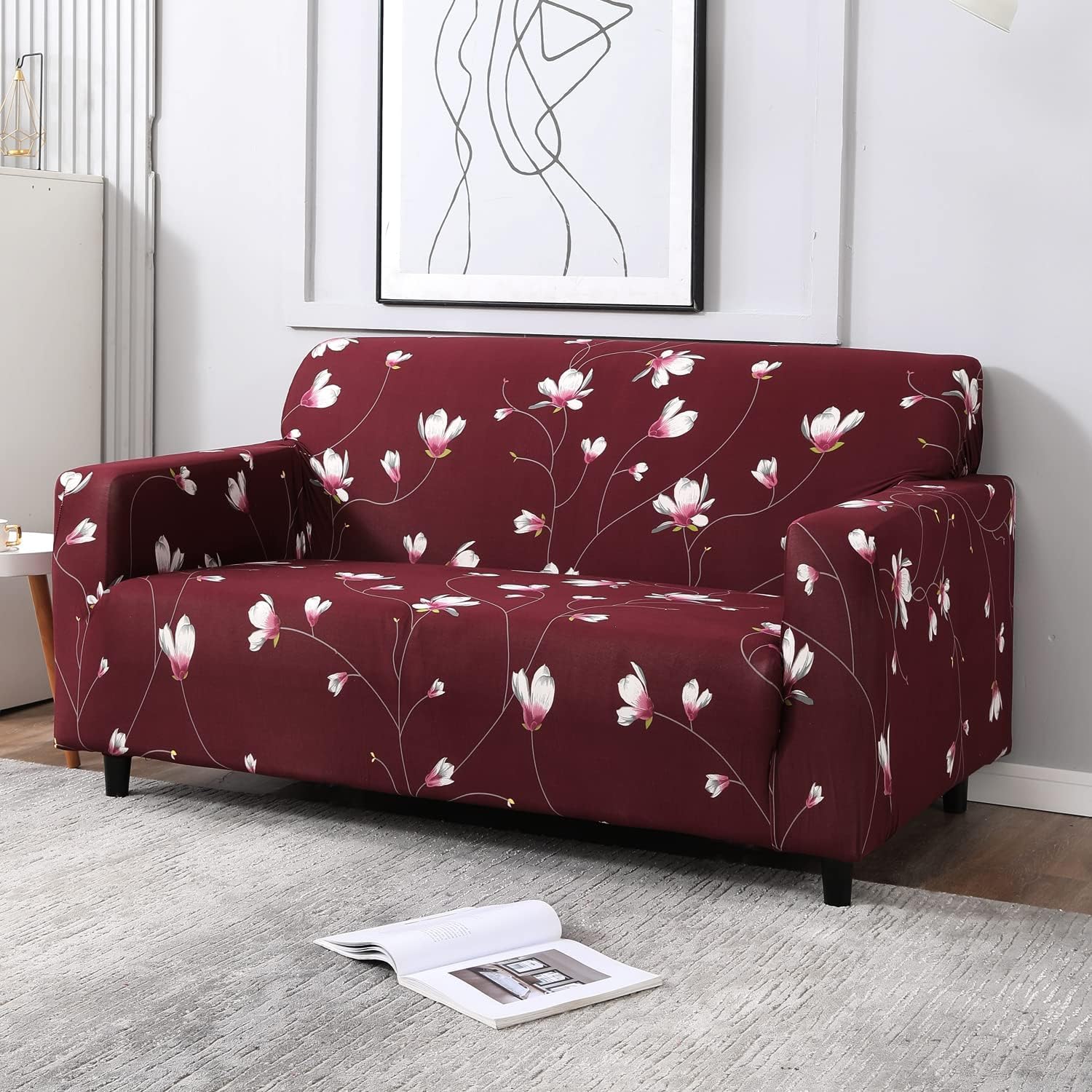 HOKIPO Sofa Cover 2 Seater Fully Covered, Wine Red Flowers
