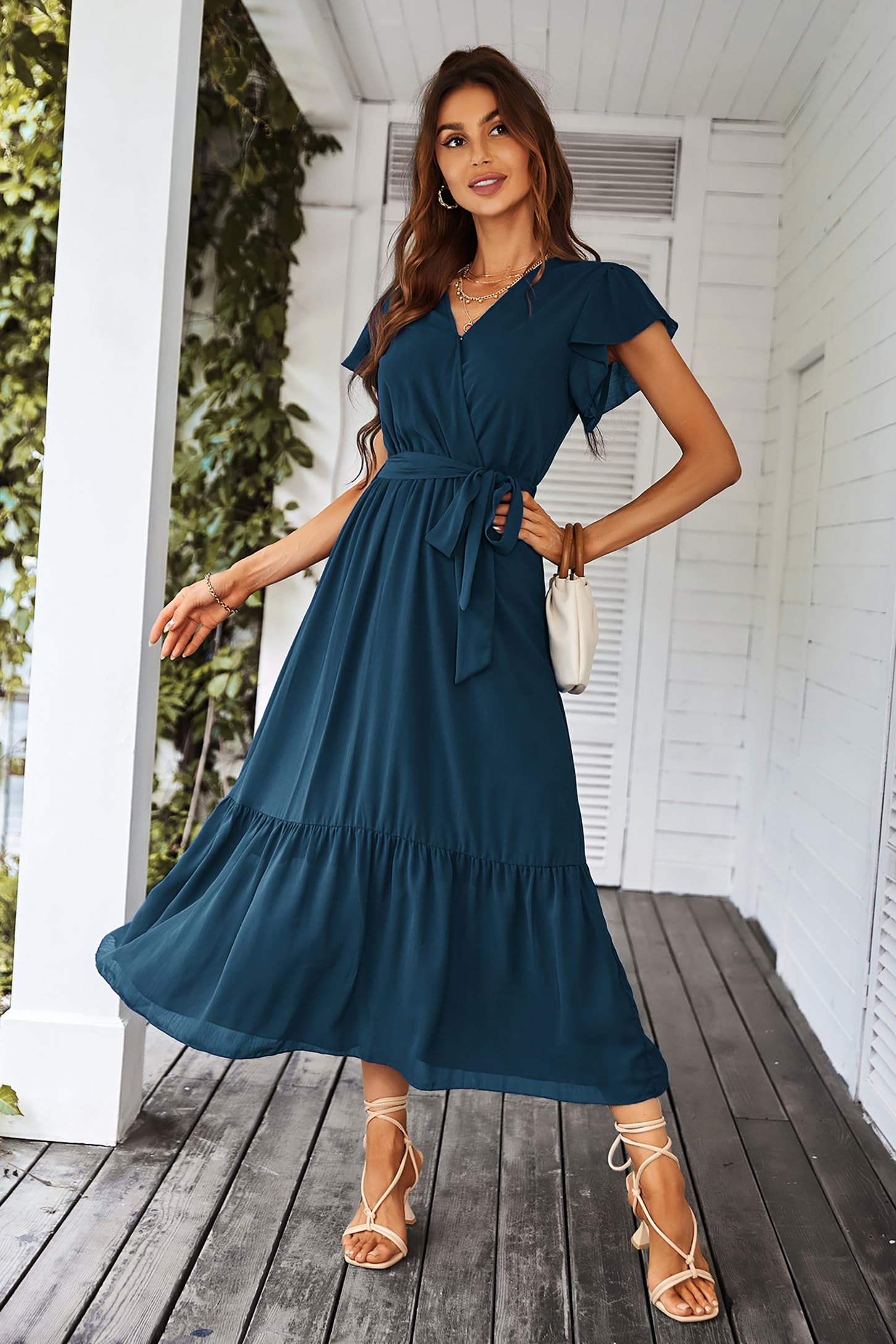 Awemeal Kleid Damen Sommer Elegant V-Ausschnitt Kurzarm Lang Sommerkleid Boho Blumenkleid mit Gürtel Rüschen Saum Wickelkleid Strandkleid A Linie Fließend Maxikleid
