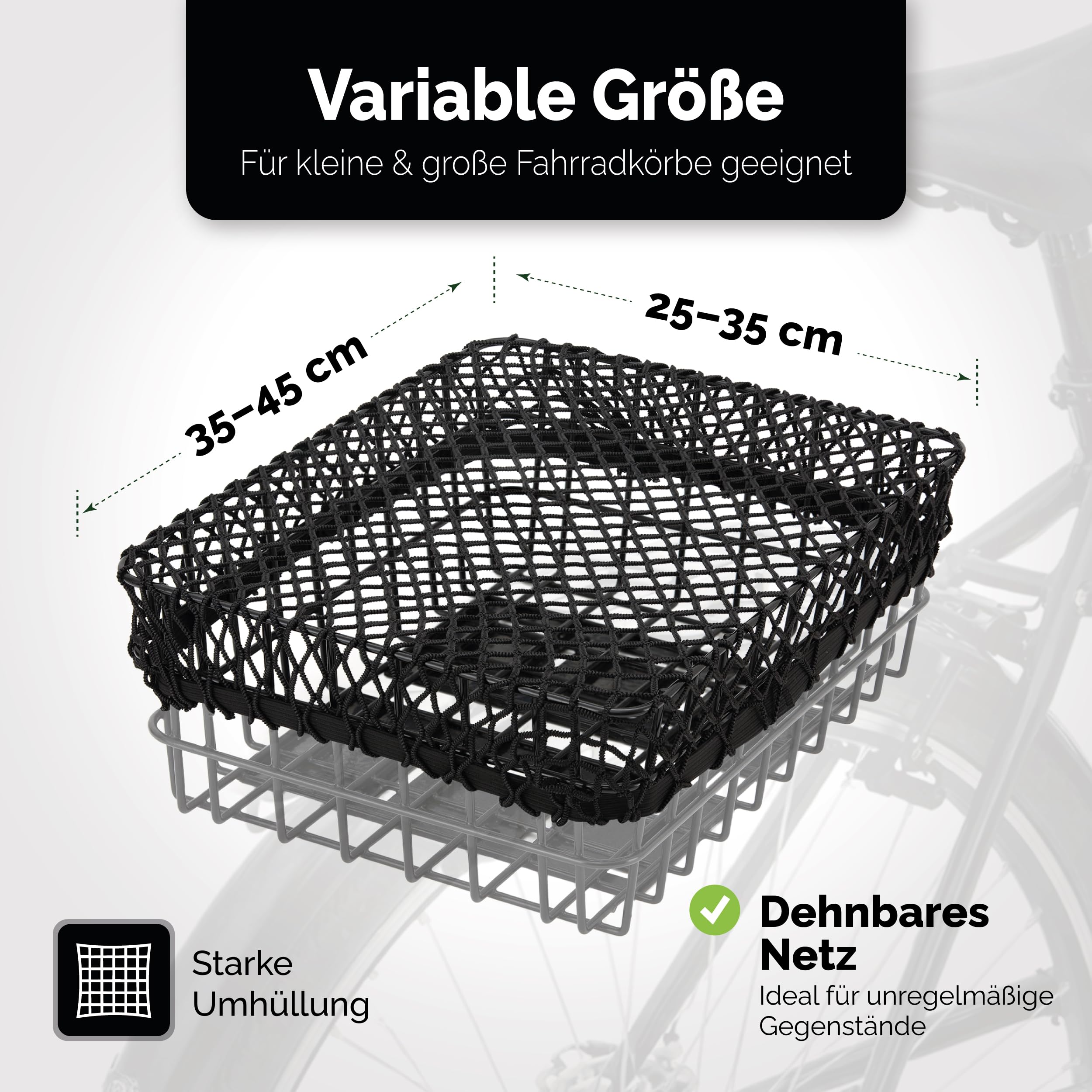 Produktbild von Gepäcknetz 25x25 Cm Für Fahrradkorb Hinten – Elastisch, 6 Haken, Wetterfest, Für Helm & Einkäufe