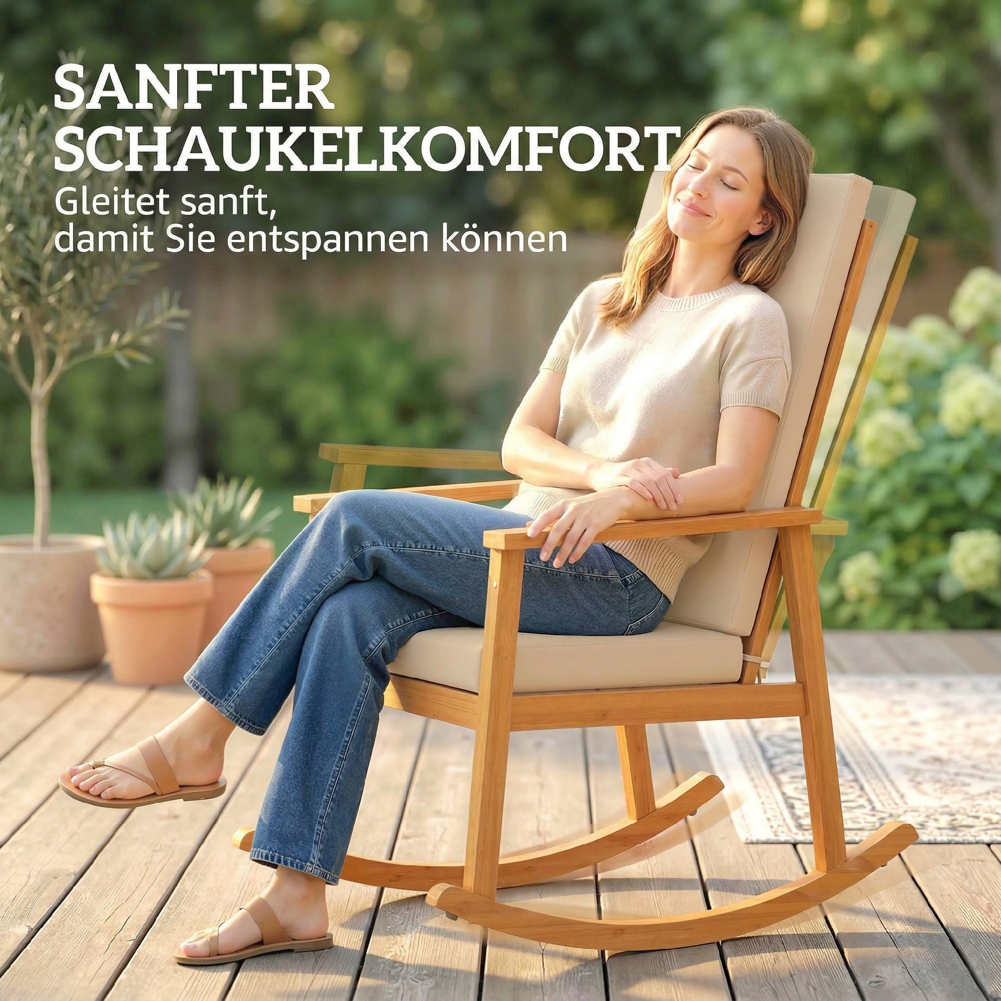 Outsunny Schaukelstuhl aus Akazienholz Schaukelsessel mit hoher Rückenlehne Kissen, Gartenstuhl bis 160 kg Outdoor Relaxstuhl Schwingsessel für Garten Balkon Hof Terrasse 60 x 89 x 107 cm Beige