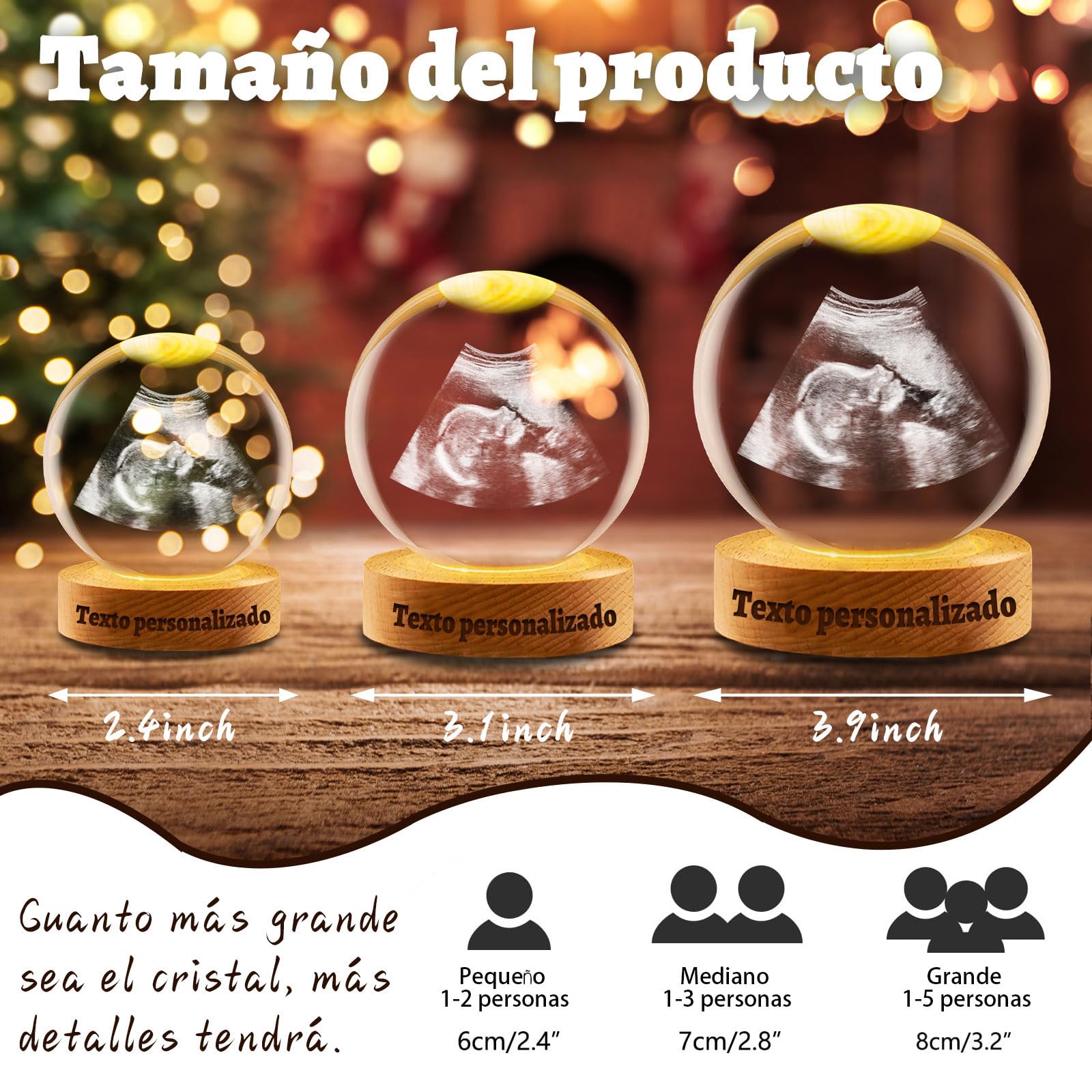 Esfera de Cristal Personalizada 3D con Foto y Texto - Bola de Cristal con Base de Madera Grabada, Regalo de Fotografía 3D Navidad, Halloween, Ultrasonidos, Familia (Ecografía)