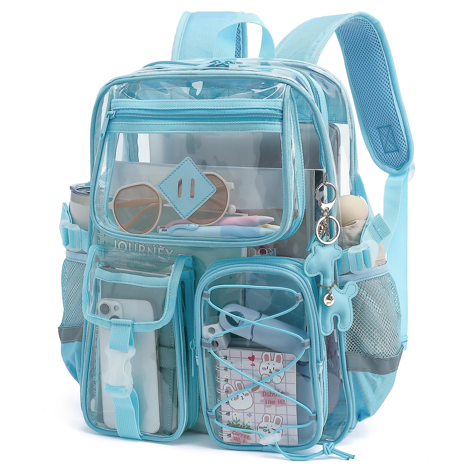 Yusudan Clear Backpack for Girls Women, Heavy Duty Transparent School Backpack Bookbag with Giraffe Keychain (Blue)