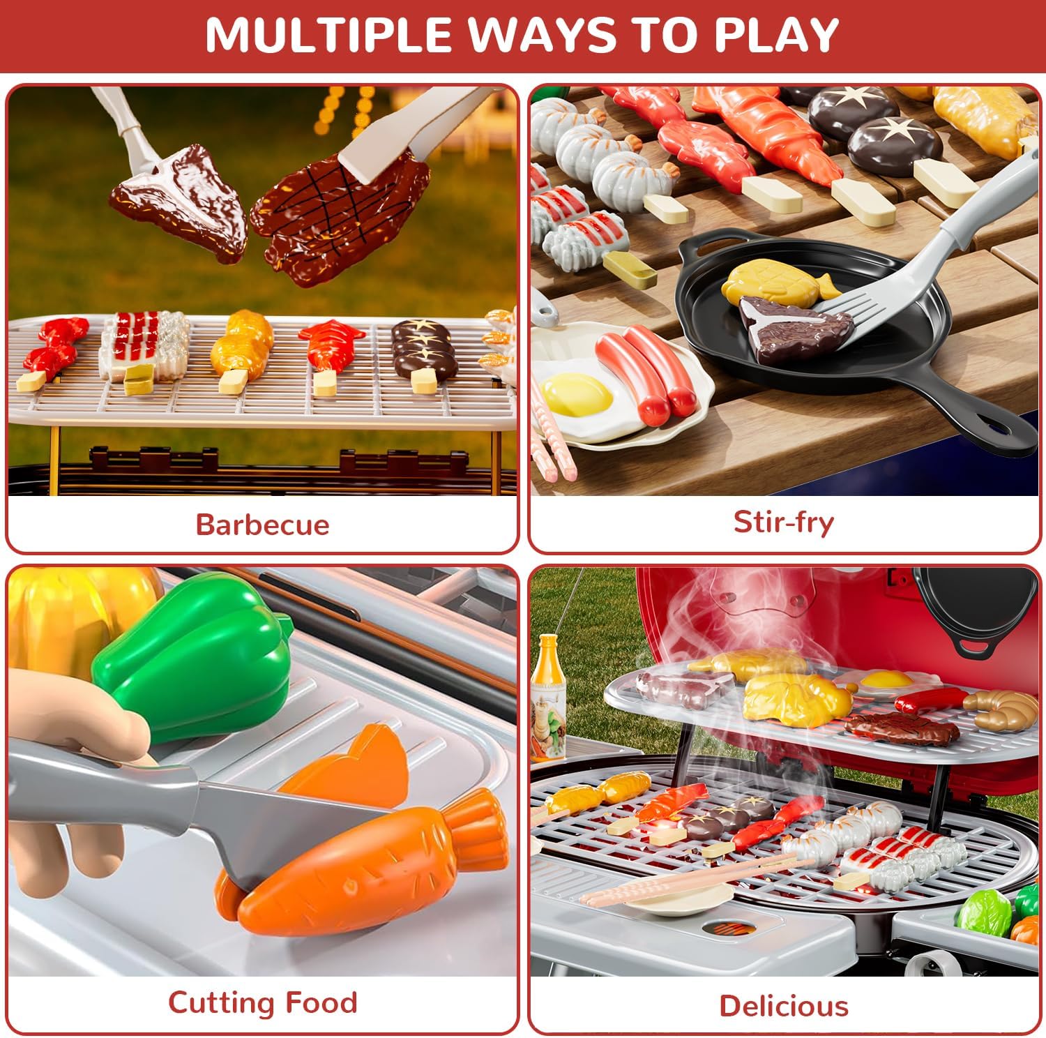 Kids Play Grill Kitchen Toys: BBQ Outdoor Toys Play Grill Set with Smoke Sound Light, Pretend Play Food Toy Cooking Set Kids Outdoor Grill Playset, 2 Layer Barbecue Gifts for 4-8 Boys Girls