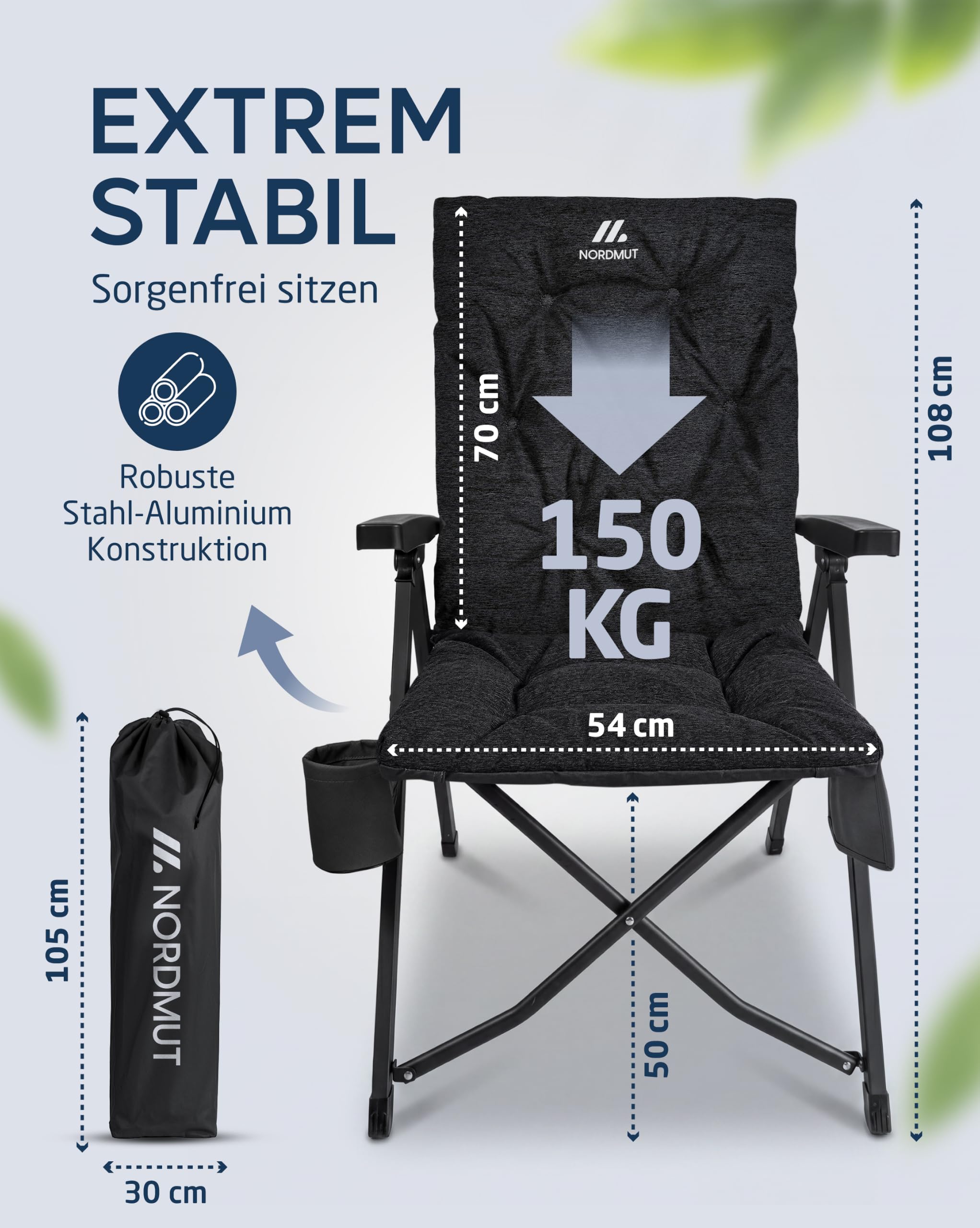 NORDMUT® Premium Campingstuhl faltbar mit hoher Lehne – Stabiler Klappstuhl Camping verstellbar in 4 Positionen – bequemer Gartenstuhl mit 140 kg Belastung für Camping & Outdoor