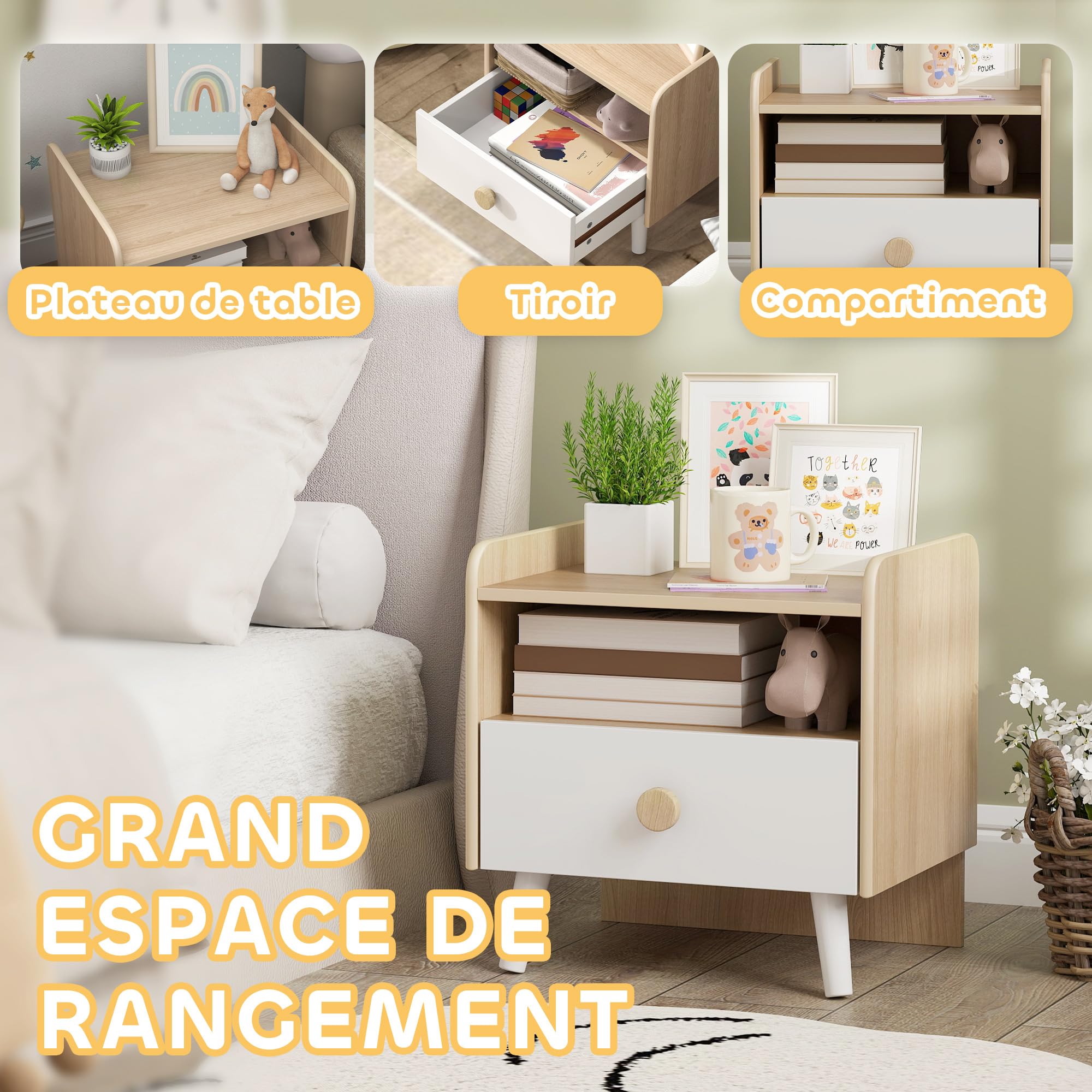 AIYAPLAY Table de Chevet Enfant Table de Nuit Enfant avec tiroir et Niche, Petite Table d'appoint en Bois pour Chambre d'enfant, 40L x 32,5l x 40H cm, Blanc
