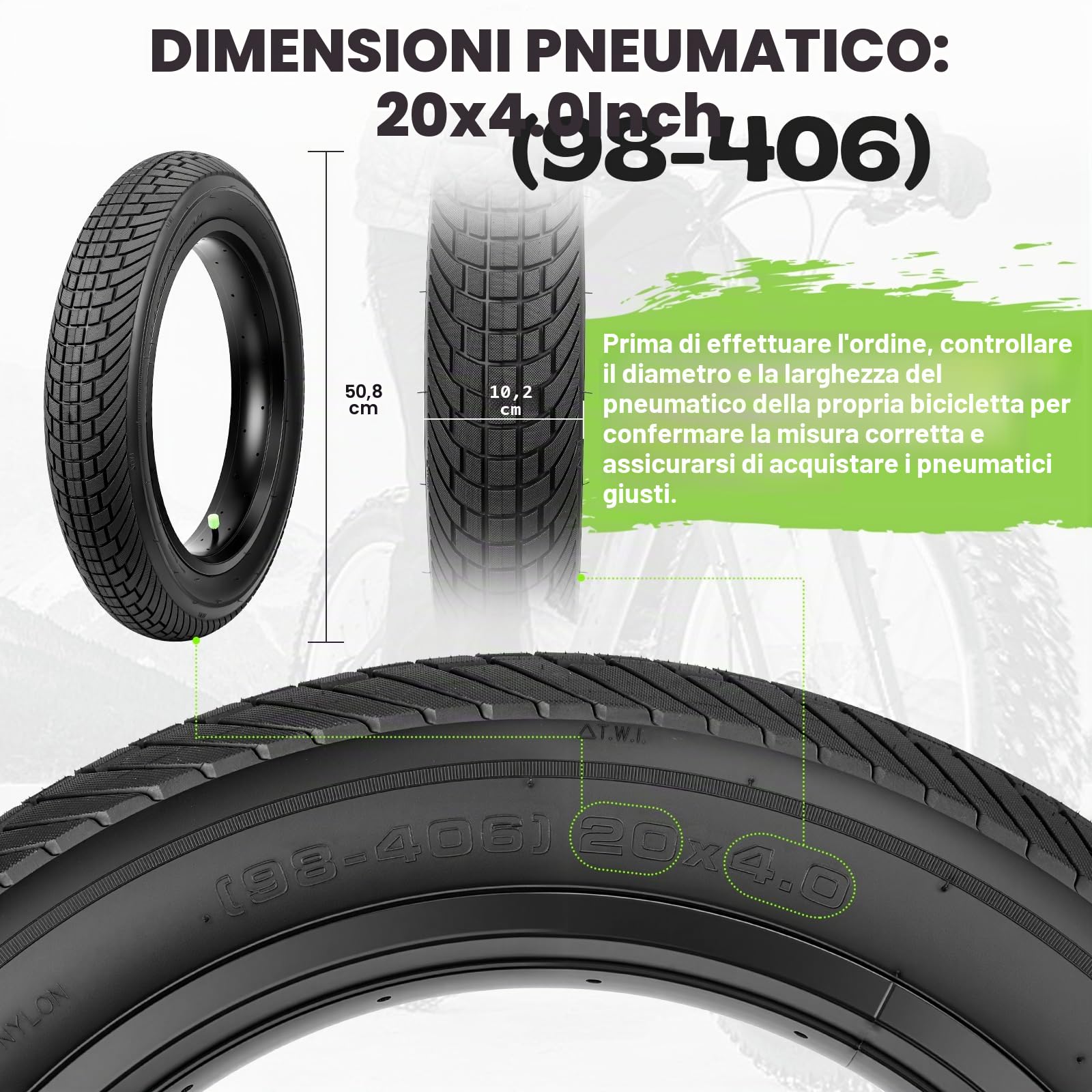 1/2 Set 20 x 4,0 pollici Heavy Duty E-Bike pneumatici Fat Bike 98 – 406 30TPI guaina per bicicletta con profilo antiscivolo per biciclette elettriche/Fat Bike/MTB