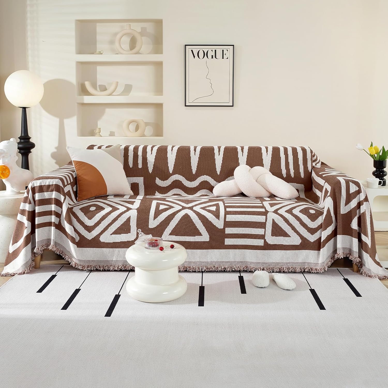 OstepDecor Boho Couch Cover, Coffee Sofa Covers Washable, Sectional Couch Covers for Sofa L Shape, Chenille Sofa Blanket Cover, Non-Slip Sofa Slipcovers for Dogs, Pets, 91" x 118"