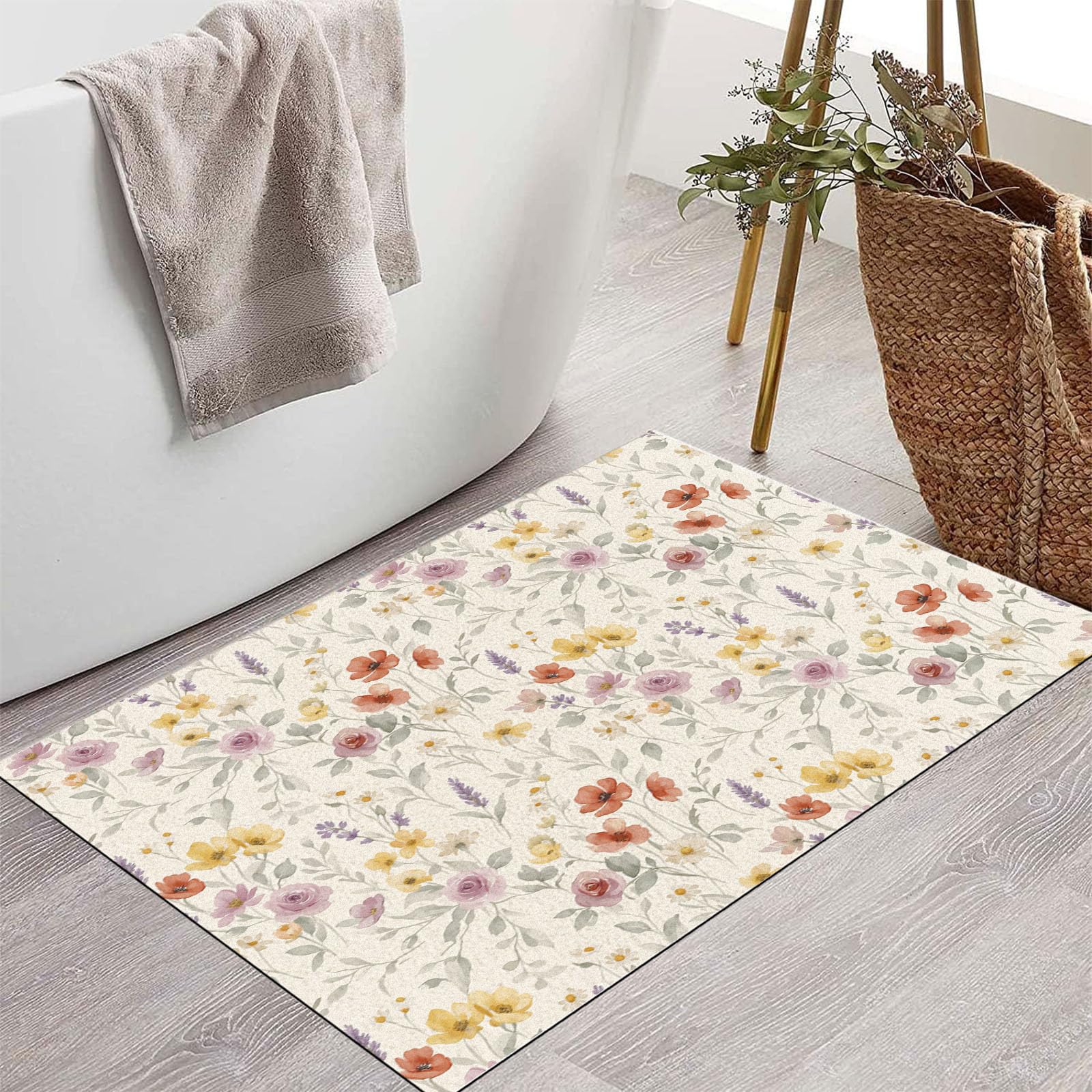 60X90Cm Zerbino Ingresso Interno Antiscivolo Assorbente, Tappeto Microfibra Sottile Lavabile Con Floreale Di Campagna Francese Piante Romantiche Ad Acquerello Per Cucina Bagno Porta Animali, Beige