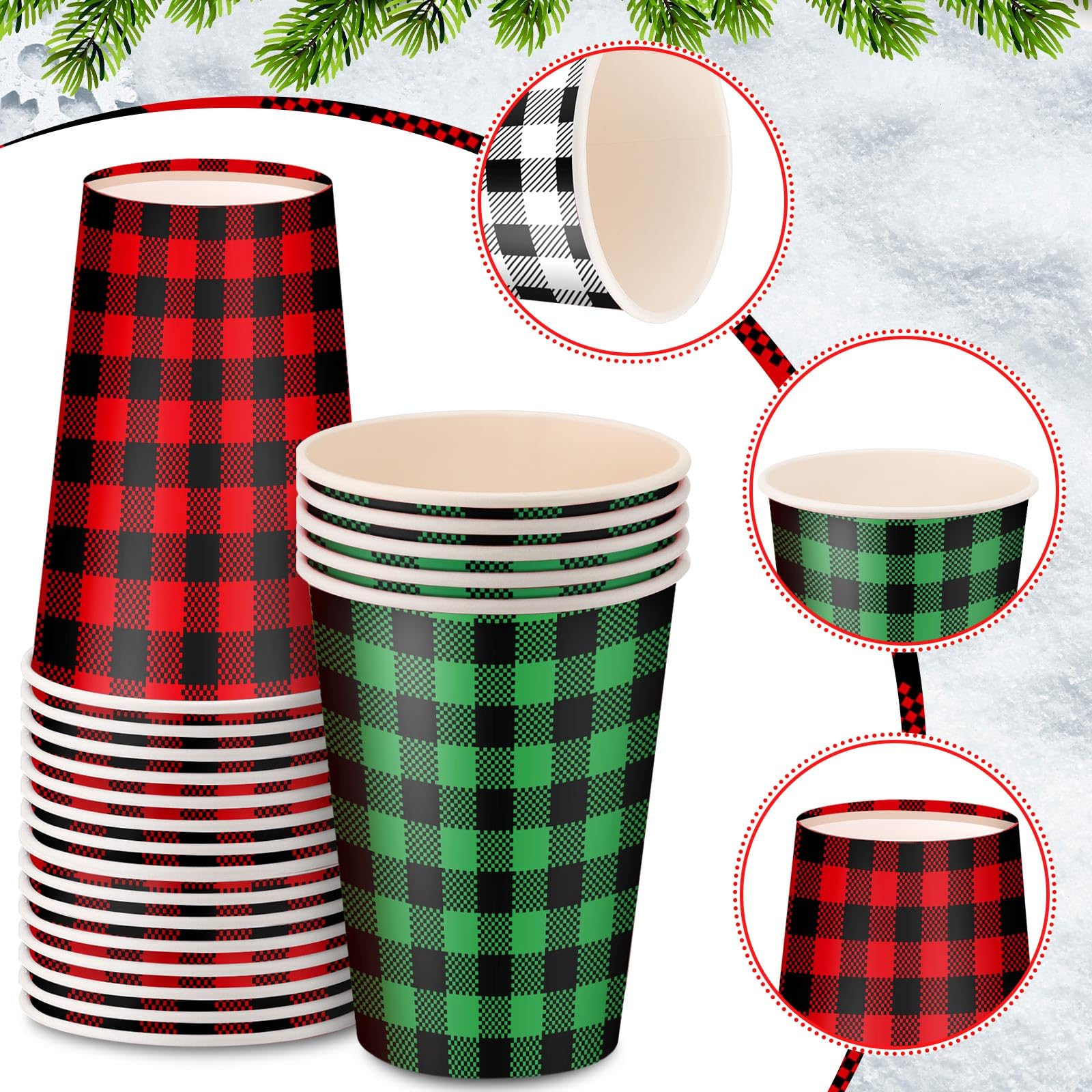Maxcheck 300 tazas desechables de Navidad de 12 onzas, color verde, rojo, blanco, a cuadros, tazas de café de papel para bebidas frías calientes, chocolate, té, cacao, decoraciones de mesa de Navidad