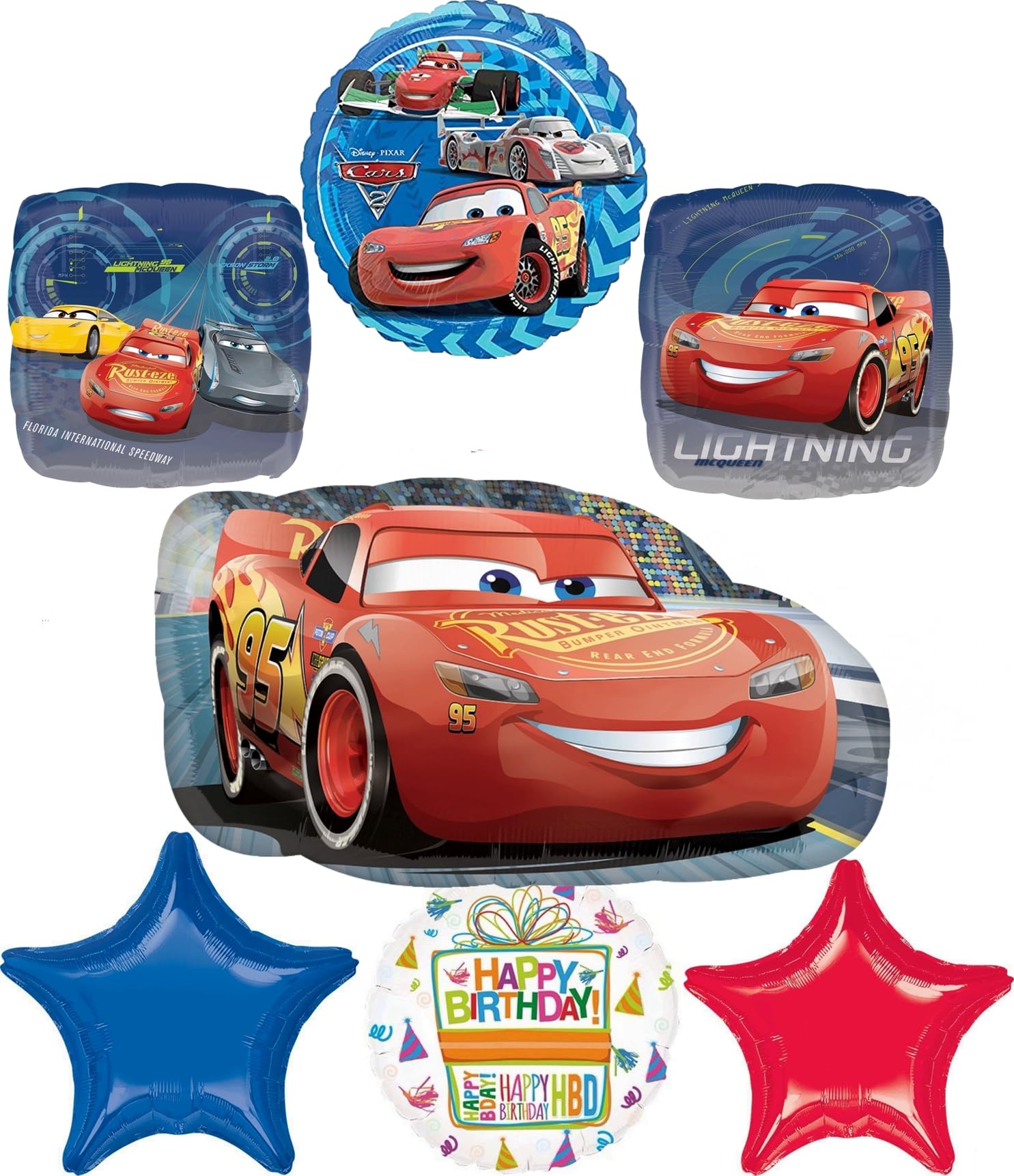 Anagram Cars Birthday Party Supplies 7pc Lightning McQueen Foil Balloon Bouquet Decorations