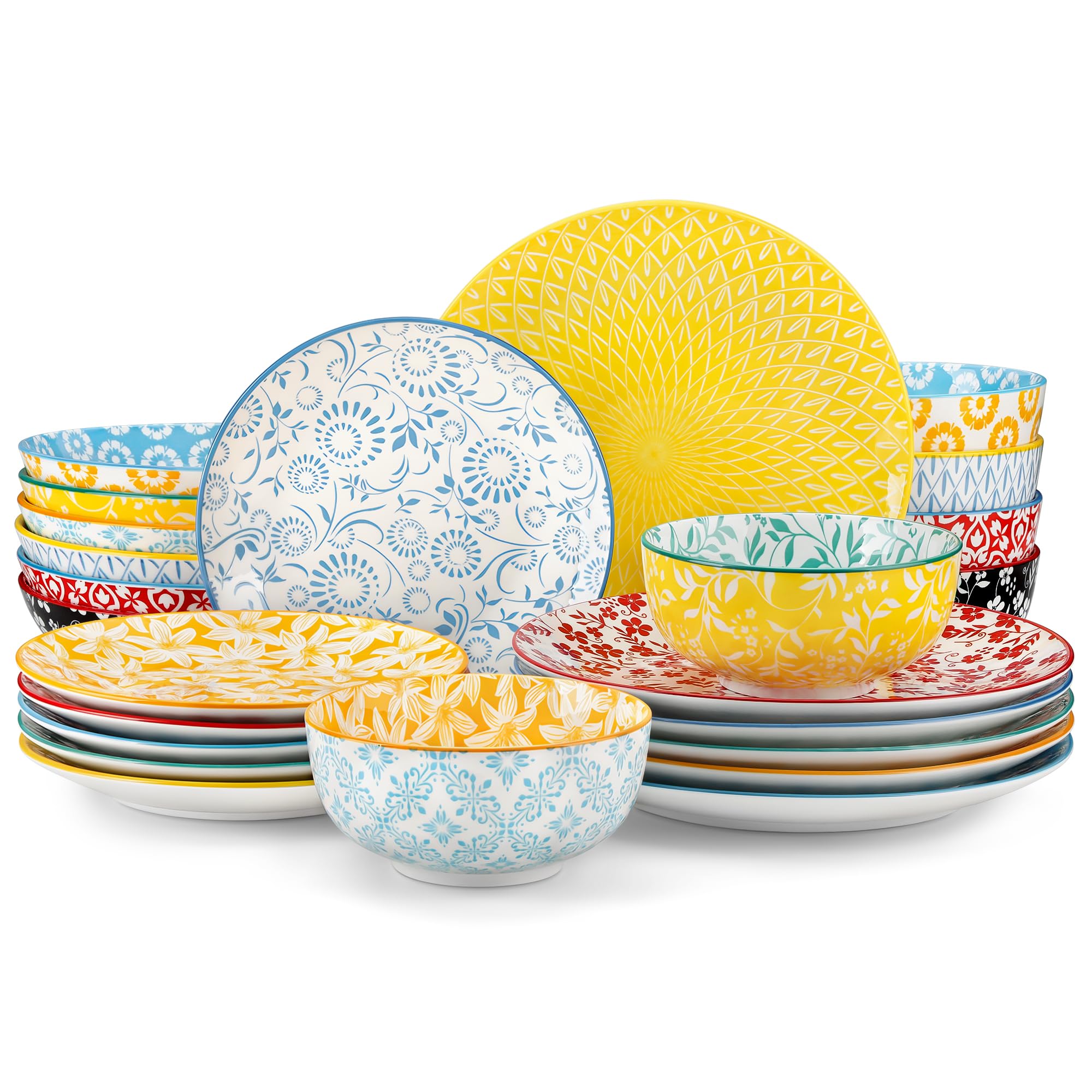 vancasso Selene Colorful Floral Plates and Bowls Set for 6, 24 Pieces Ceramics Dinner Sets Crockery Set with Dinner Plates/Dessert Plates/Pasta Bowls/Cereal Bowls, Mircowave & Dishwasher Safe