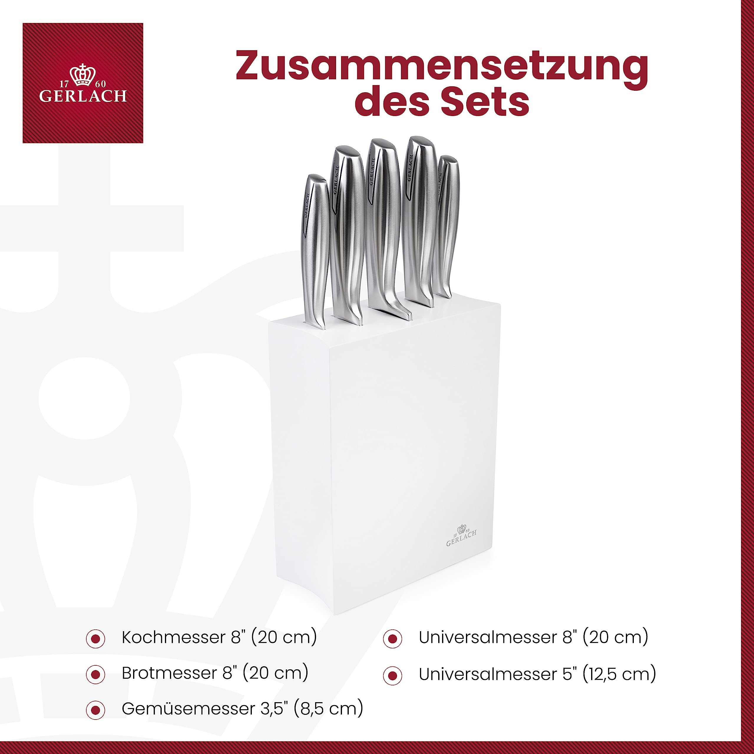 Gerlach 1760 Modern Messerblock Messerset Küchenmesserset 5 Messer Edelstahl Küchenmesser im Block Weiß Kochmesser Brotmesser Gemüsemesser Küche Küchenutensilien Küchenzubehör