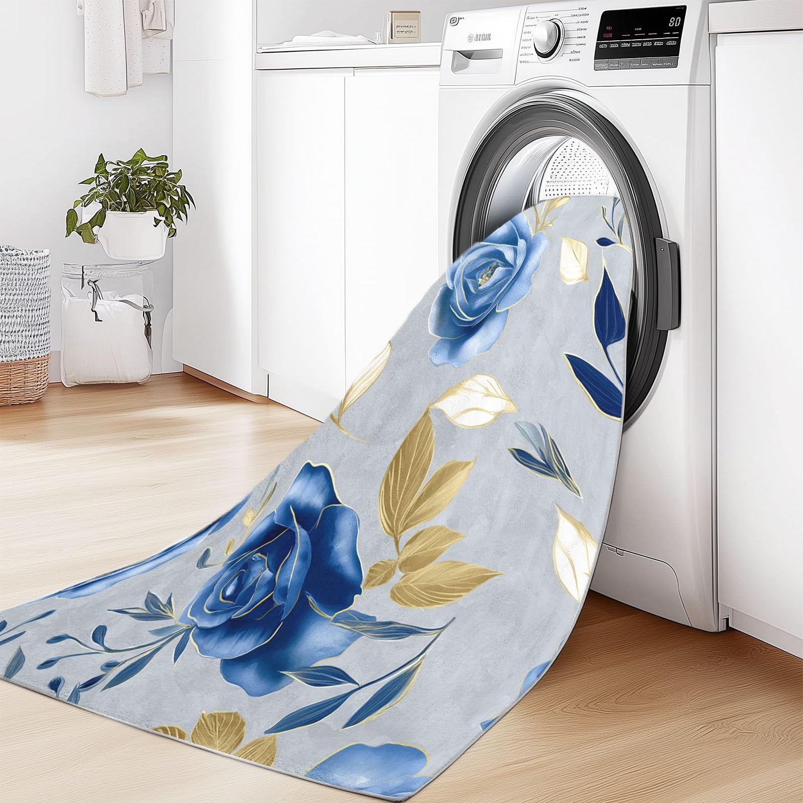 Tapis Salon Salle à Manger Chambre Adulte et Ado, Cuisine - Design Roses Bleues À L'Aquarelle Bleu, Poil Ras Doux Léger Antidérapant 80 x 150 cm