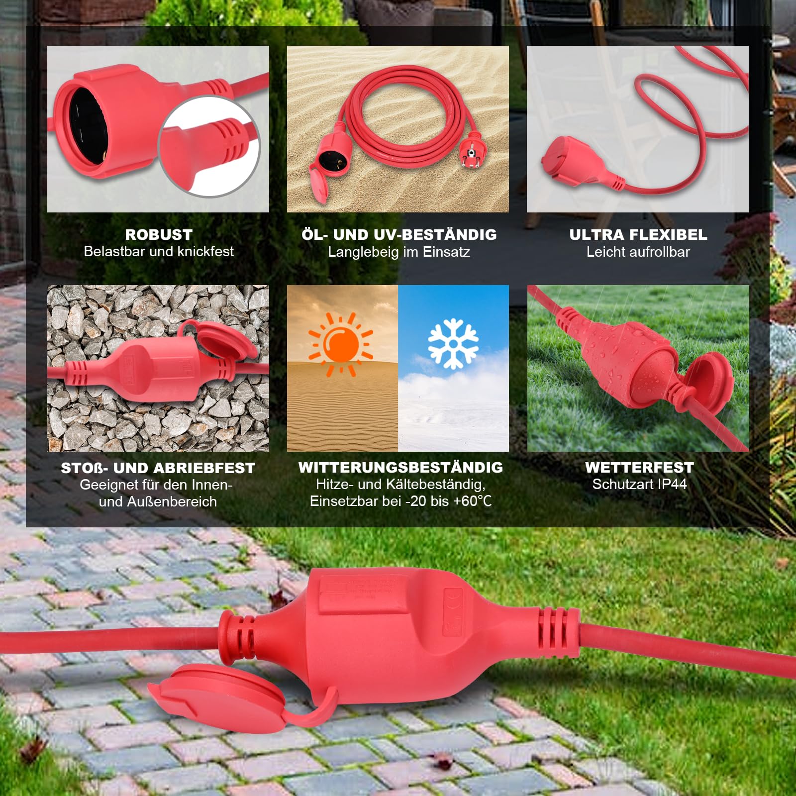 Cable alargador exterior 20 m para exteriores, de goma, con enchufe Schuko, IP44, cable de extensión 3 G1,5 mm², cable eléctrico exterior, con tapa protectora, 3500 W, rojo