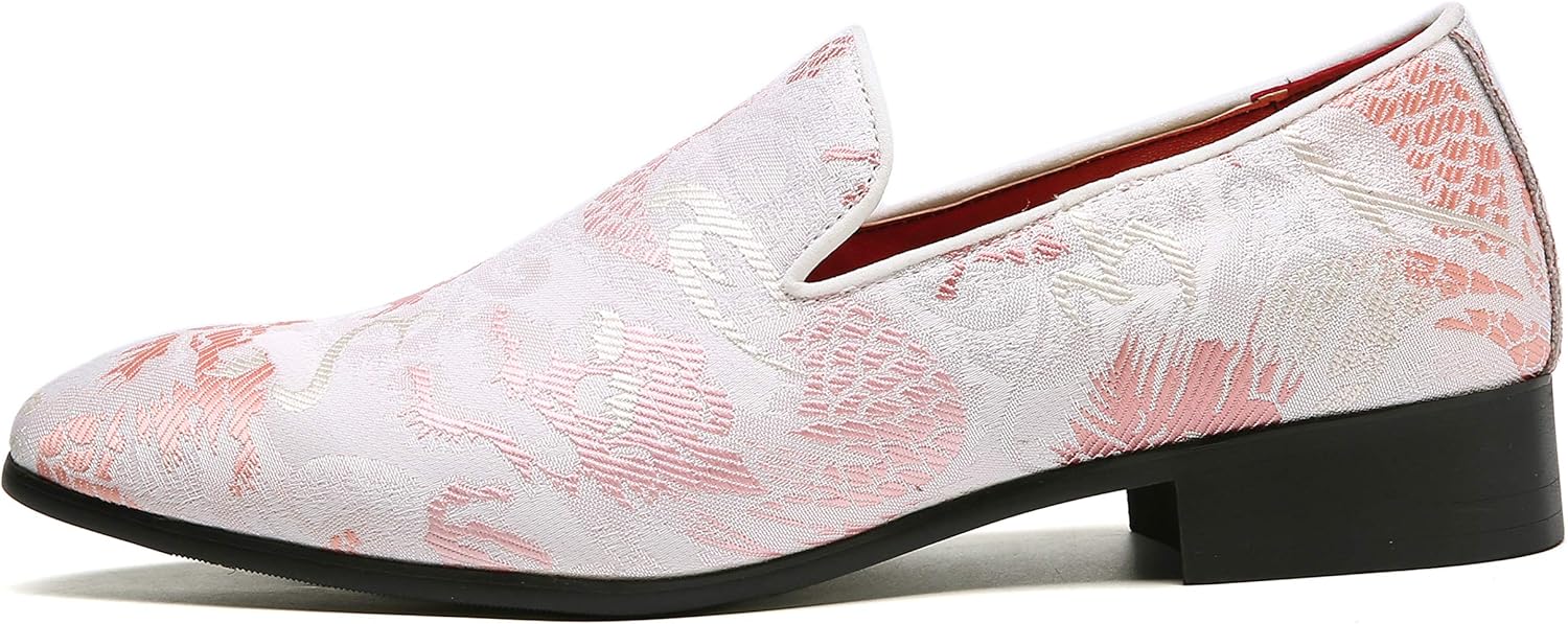 Santimon Mens Penny Loafers Embroidery Casual Slip On Driving Wedding Prom Shoes Moccasins Smoking Slipper Pink - Image 3