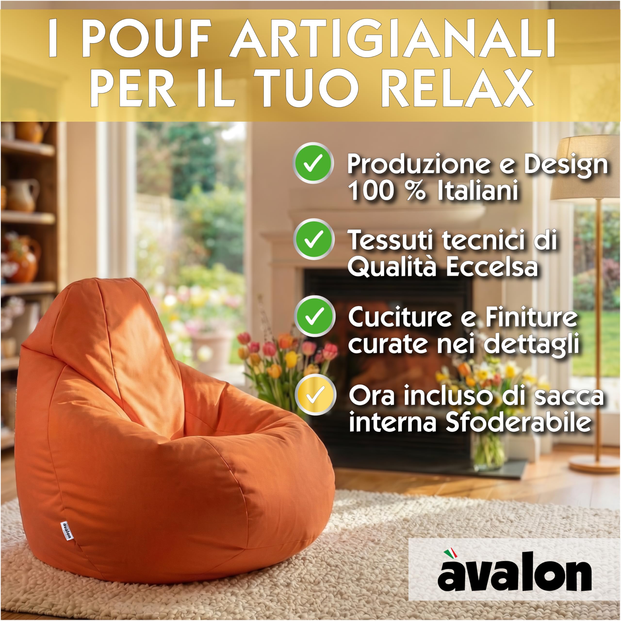 Avalon - Puff Poltrona Sacco XXL Jive Deluxe Sfoderabile, Pouf Sacco di Qualità Sartoriale, Bean Bag per Sedersi Ergonomico, Tessuto Antistrappo Impermeabile, Made in Italy(95x135cm-Verde smeraldo)
