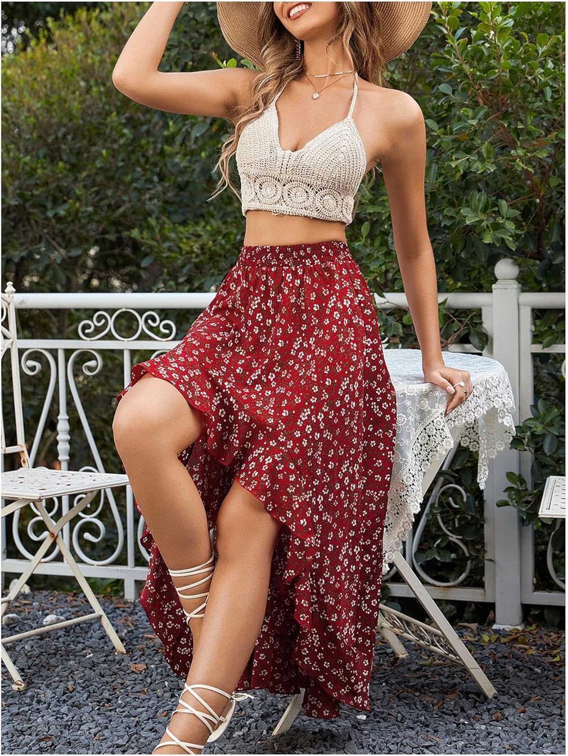 Verdusa Women's Boho Floral Asymmetrical Long Skirts Vacation Ruffle A Line Flowy High Low Skirt - Image 5