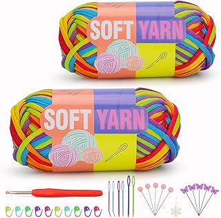 IMZAY 100g/3.52OZ Yarn for Crocheting, Rainbow Color Cotton Yarn and Yarn for Beginners with Easy-to-See Stitches, Ergonomic Handle Hooks, Cotton Nylon Chunky Yarn for Crocheting and Knitting