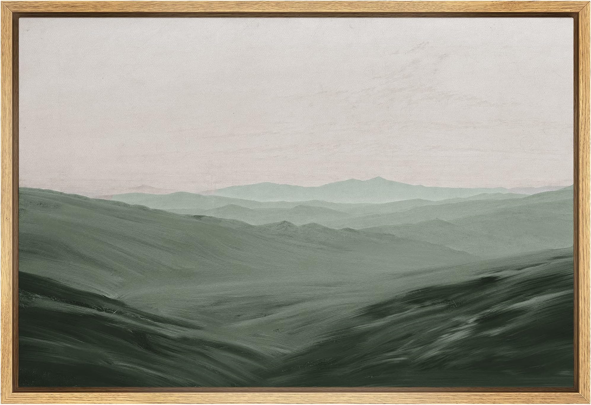 Framed Canvas Wall Art Monochromatic Green Mountains and Valleys Landscape Wilderness Oil Painting Impressionism Traditional Scenic for Living Room, Bedroom, Office - 24x36 inches