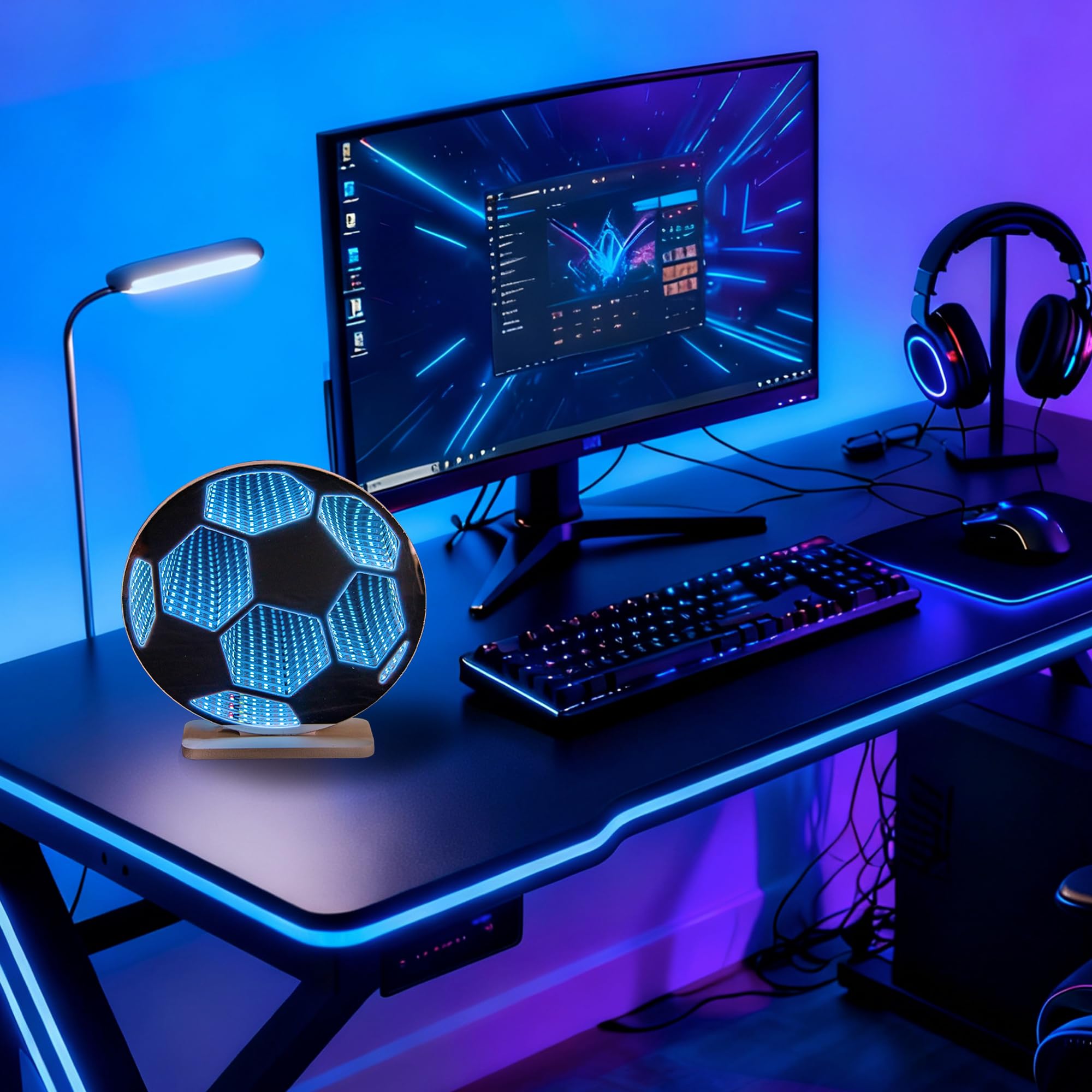 3D Soccer Infinity Mirror Light, LED Infinity Mirror Night Light with Endless Goal Tunnel Effect, USB Powered 3D LED Lights for Kids Sports Room & Game Room, Gift for Boys Fan, 9.1"