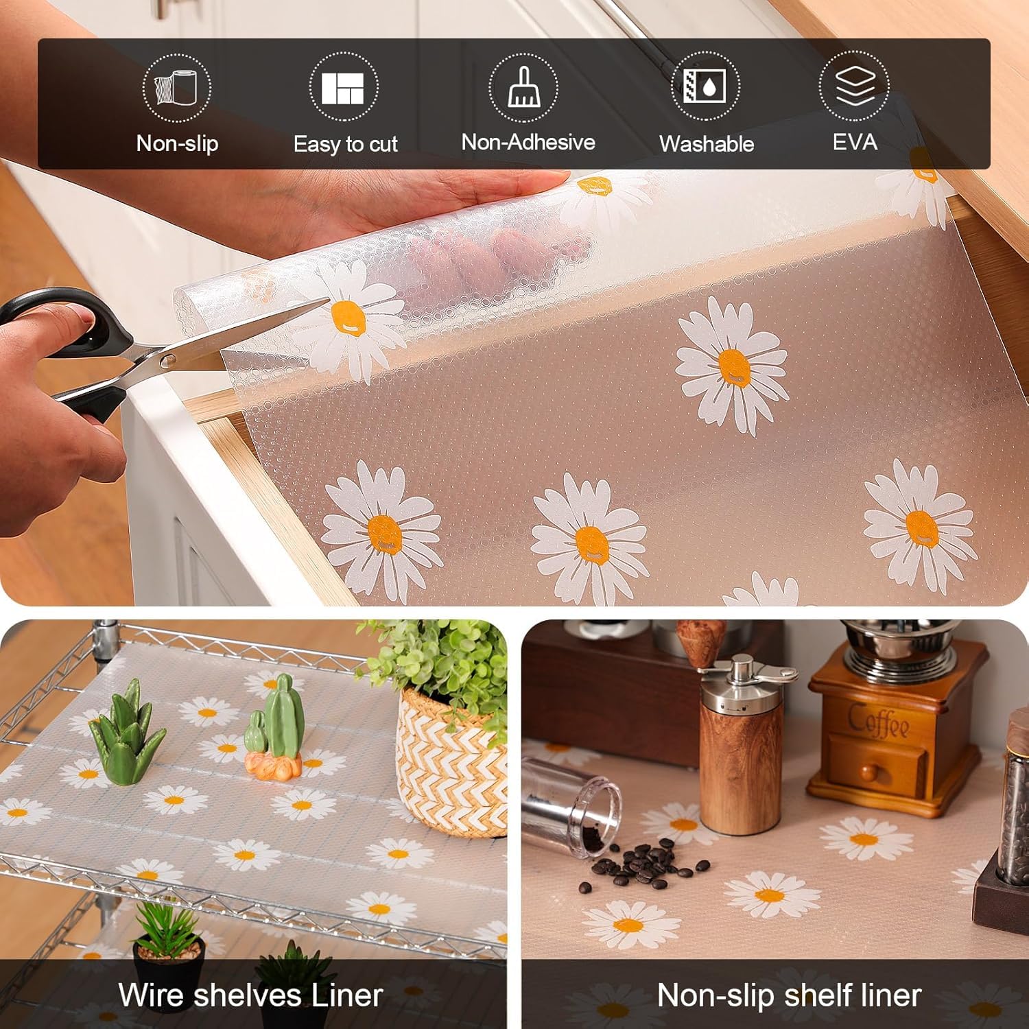 SKYTONE Kitchen Shelf Liner Anti Slip Mat EVA Food Grade Multipurpose Washable Sheet for Fridge, Shelf Liner, Table, Kitchen Drawer Mat - 45 X 300 CM (White Flower) 2