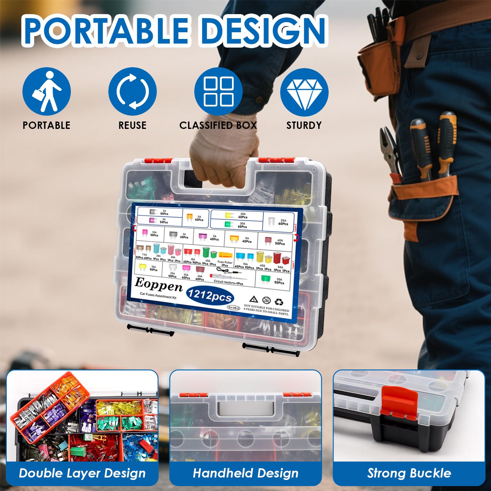 Kit surtido de fusibles de coche de 1212 piezas con extractor de fusibles y probador de circuito, kit de fusibles estándar y mini y fusible automotriz en forma de caja de perfil alto/STD para