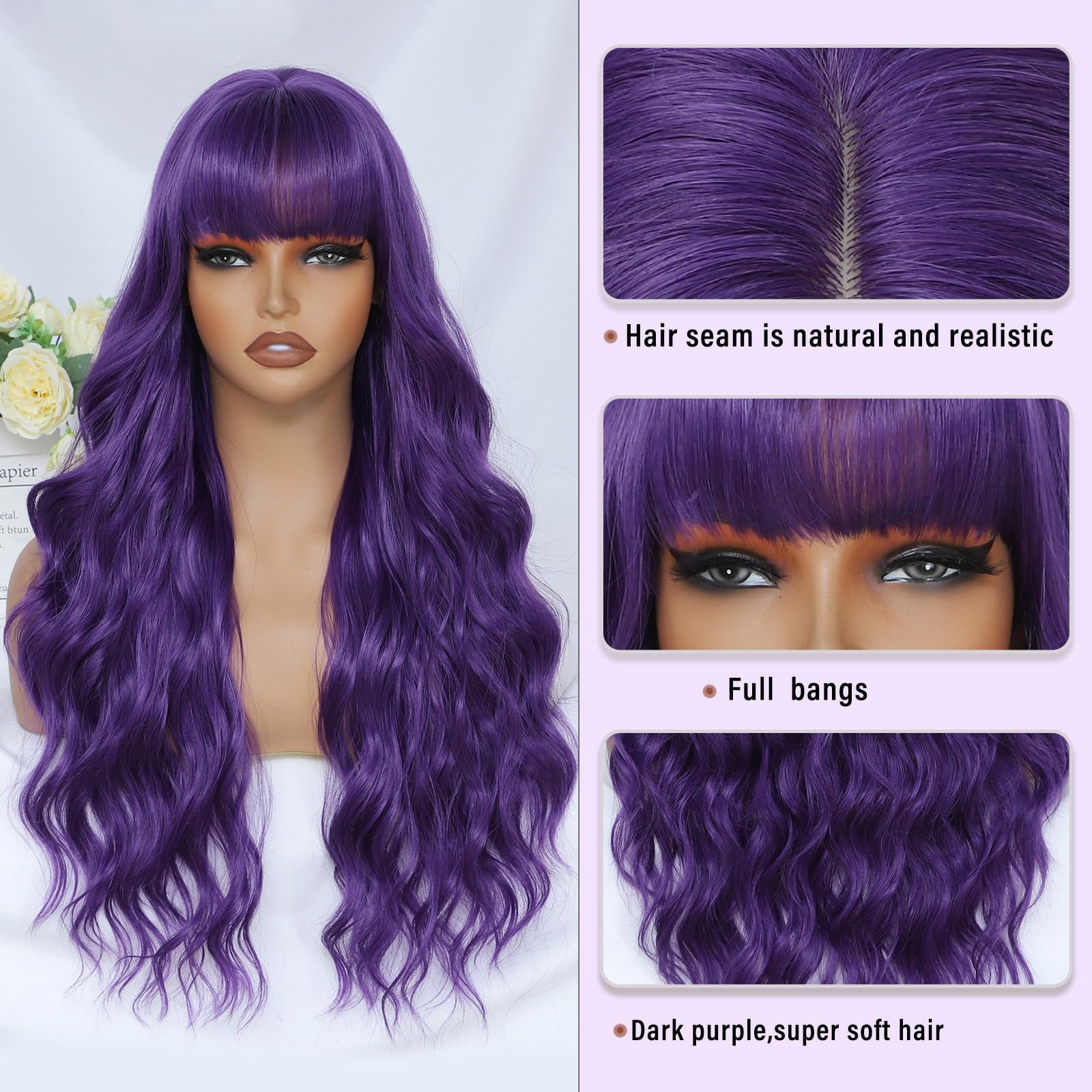 MINSEEYOO Long Wavy Synthetic Wig with Bangs