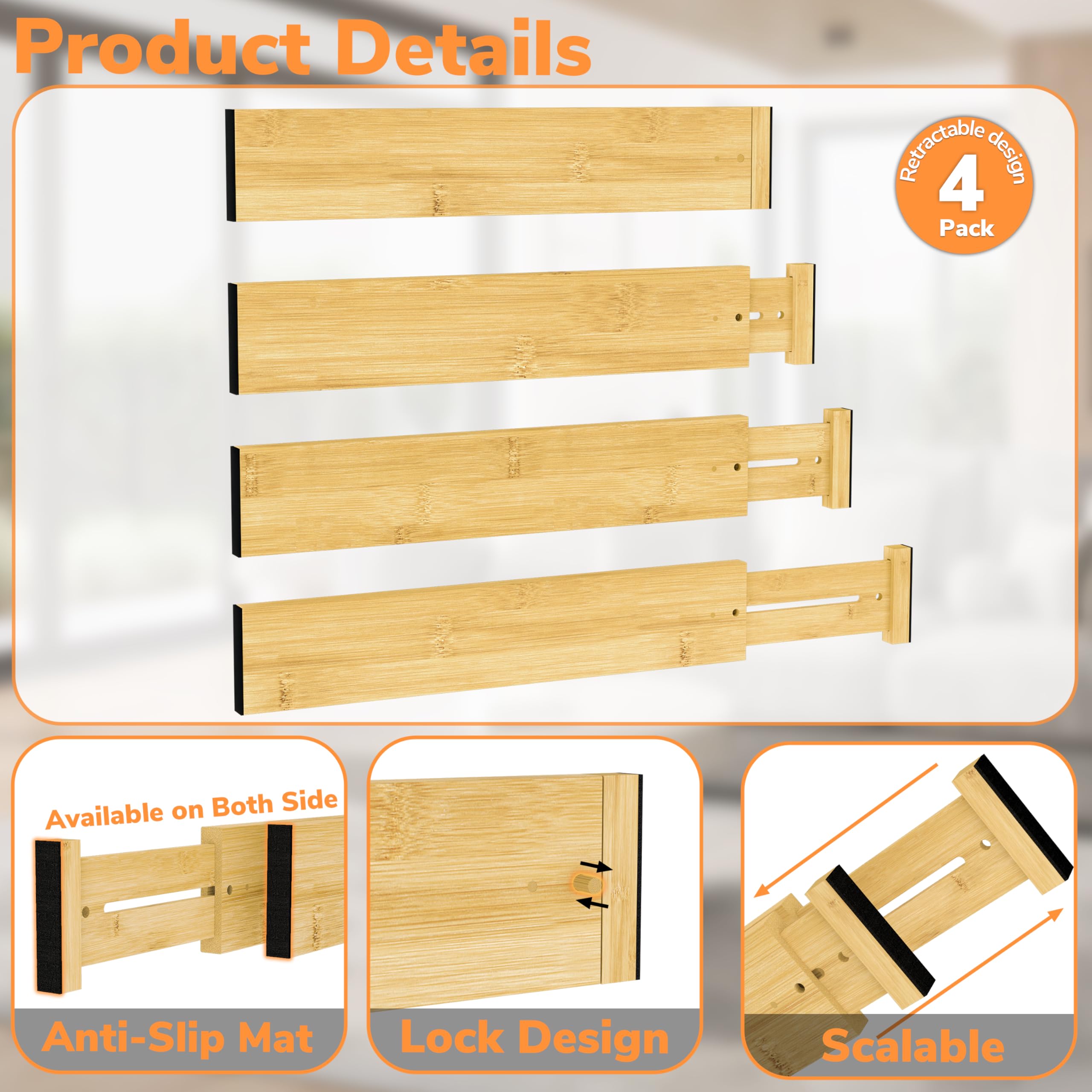 BAMEOS Große Bambus-Schubladenteiler, 7,6 cm, verstellbare Schubladenorganisation, erweiterbar, Utensilien-Organizer für Küche, Kommode, Badezimmer, Schlafzimmer und Büro, 4 Stück
